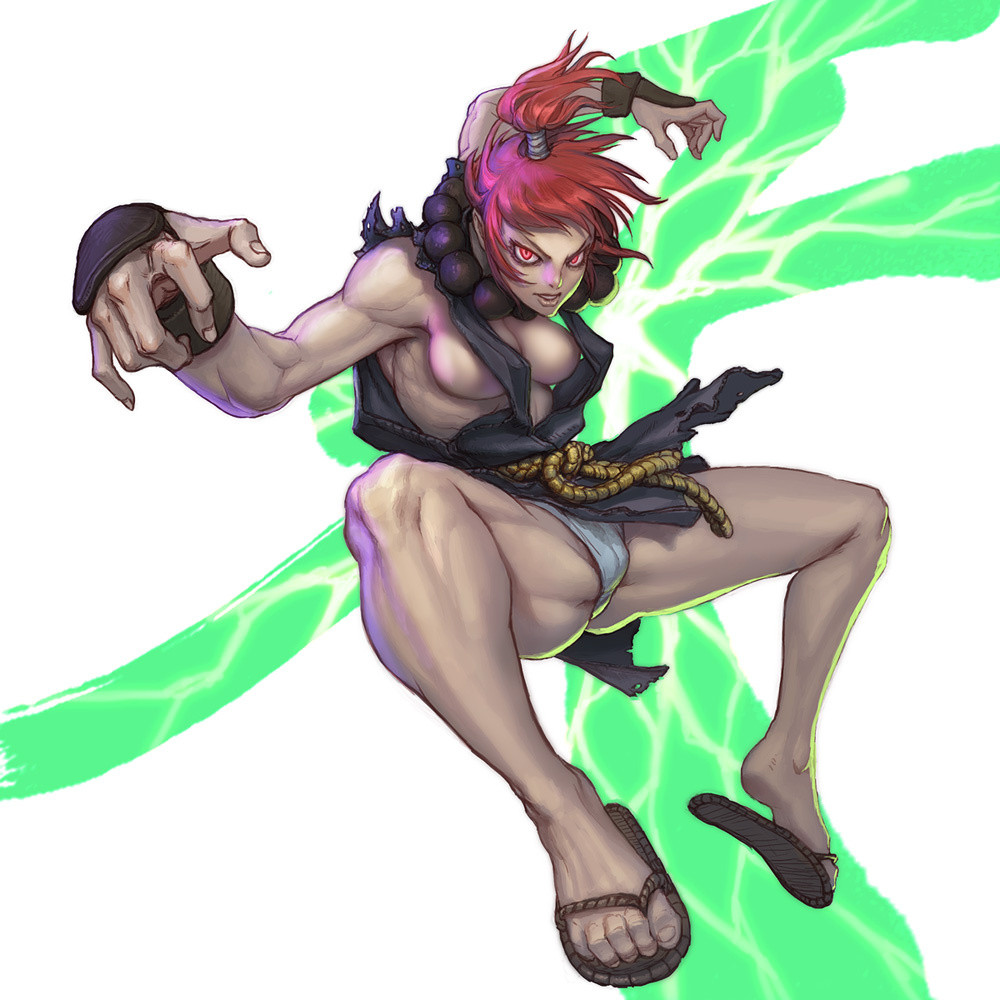 loped, akuma (street fighter), capcom, street fighter, 1girl, breasts, feet, female focus, genderswap, genderswap (mtf), jewelry, jumping, medium breasts, midair, muscular, necklace, panties, pantyshot, red eyes, red hair, rope, sandals, sideboob, solo, topknot, underwear