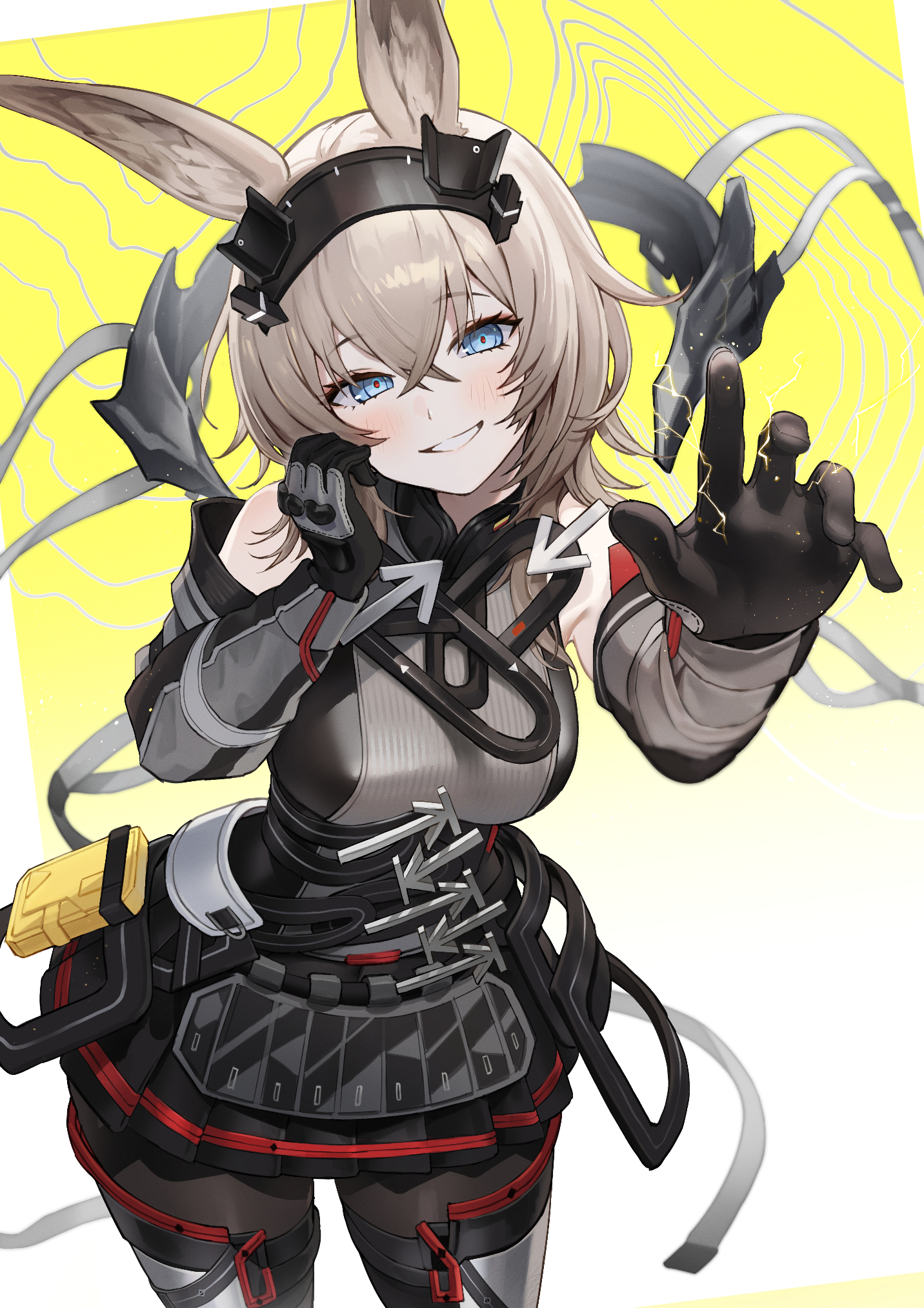 beruko14, avywenna (arknights), arknights, arknights: endfield, commentary, highres, animal ears, aqua eyes, arrow (symbol), bare shoulders, black gloves, black hairband, black pantyhose, black skirt, blush, contrapposto, cowboy shot, detached sleeves, foreshortening, gloves, grey hair, grey shirt, grey sleeves, hair between eyes, hairband, hand on own cheek, hand on own face, hands up, long hair, long sleeves, looking at viewer, pantyhose, pointing, pointing at viewer, rabbit ears, rabbit girl, reaching, reaching towards viewer, red trim, seductive smile, shirt, skirt, sleeveless, sleeveless shirt, smile, solo, standing, teeth, thighhighs
