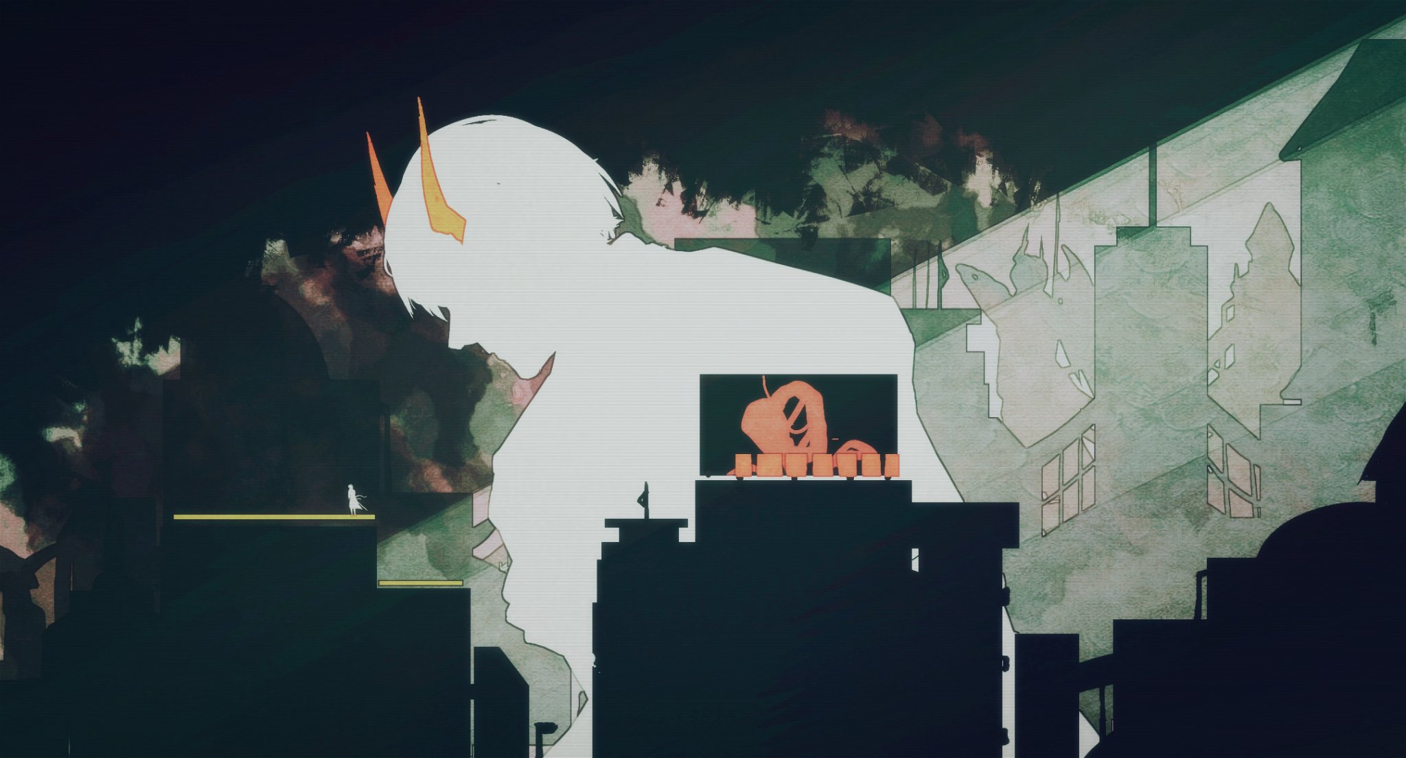 kim dokja, omniscient reader's viewpoint, highres, 1boy, billboard, building, city, demon horns, faceless, giant, head down, horaceswarcsal, horns, light rays, short hair, silhouette, solo, upper body