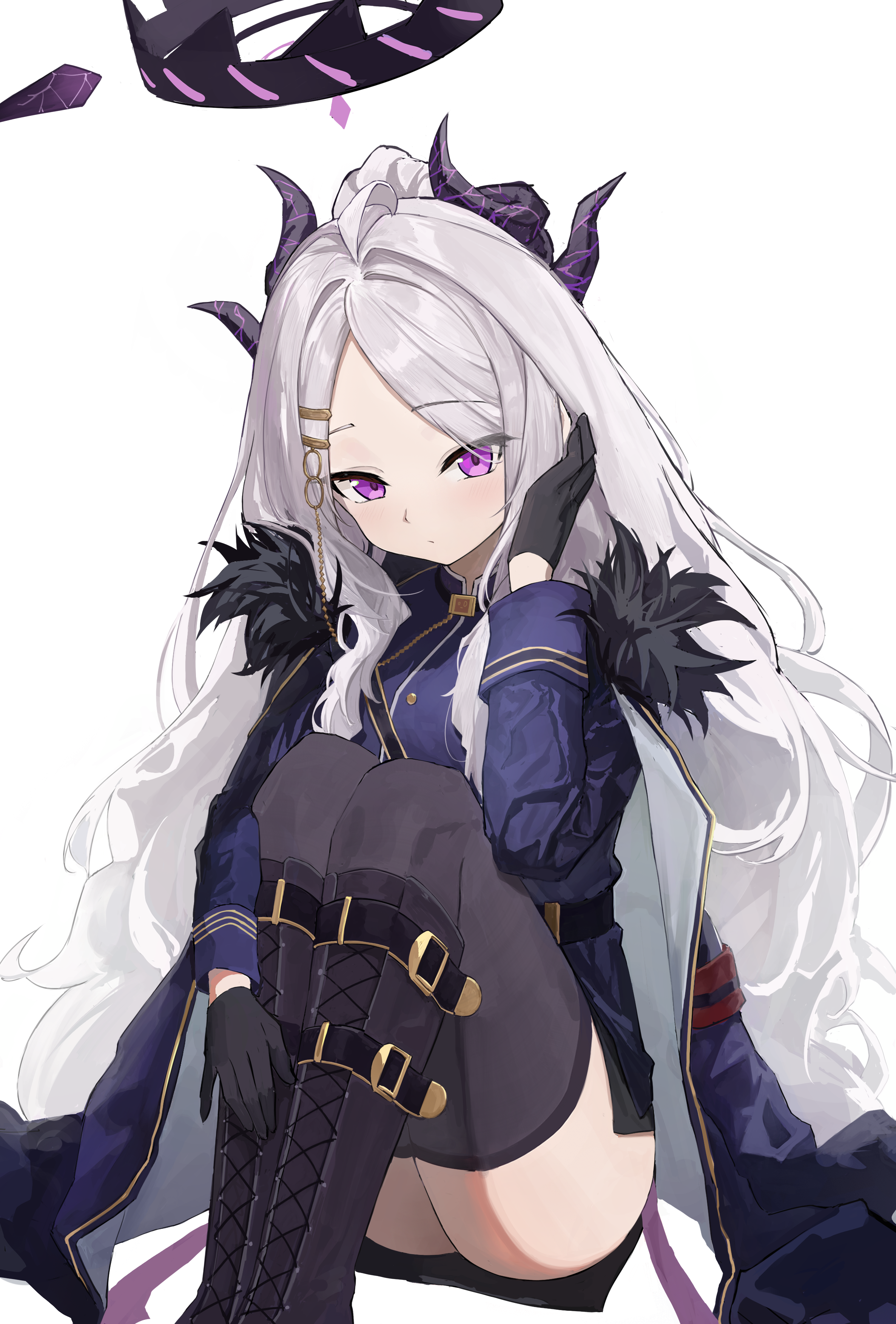 lao wo, hina (blue archive), blue archive, absurdres, highres, 1girl, ahoge, ass, black gloves, black halo, black horns, black skirt, black thighhighs, boots, breasts, coat, coat on shoulders, demon girl, demon horns, demon wings, forehead, gloves, grey hair, hair ornament, hairclip, halo, horns, long hair, long sleeves, low wings, miniskirt, multiple horns, parted bangs, pencil skirt, purple eyes, sitting, skirt, small breasts, solo, thighhighs, very long hair, white hair, wings