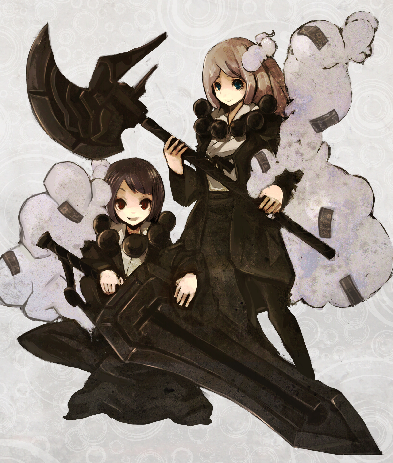 nekotewi, bad id, bad pixiv id, highres, 2girls, axe, brown hair, green eyes, huge weapon, long hair, multiple girls, pantyhose, red eyes, ribbon, short hair, smile, sword, weapon