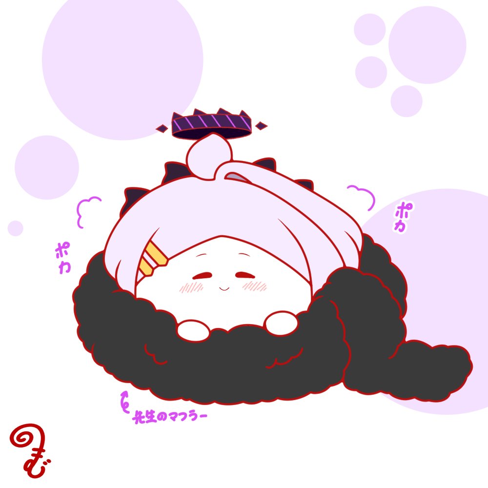 kurukurumagical, hina (blue archive), blue archive, commentary request, translation request, ahoge, arrow (symbol), black scarf, blush, chibi, closed mouth, facing viewer, forehead, full body, grey hair, hair ornament, hairclip, halo, horns, looking at viewer, outline, parted bangs, red outline, scarf, single hair intake, smile, solo, white background