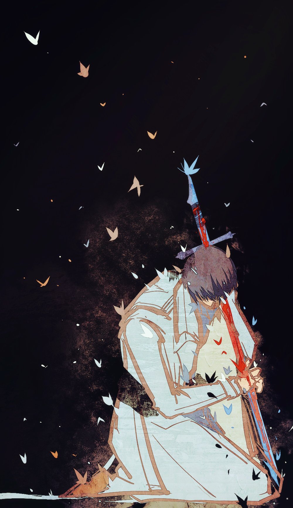 kim dokja, omniscient reader's viewpoint, highres, 1boy, black hair, blood, bloody weapon, bug, butterfly, coat, faceless, full body, head down, head tilt, holding, holding sword, holding weapon, horaceswarcsal, impaled, insect, kneeling, male focus, object through head, open clothes, open coat, orange butterfly, short hair, solo, sword, sword in head, too many, too many butterflies, weapon, white butterfly, white coat