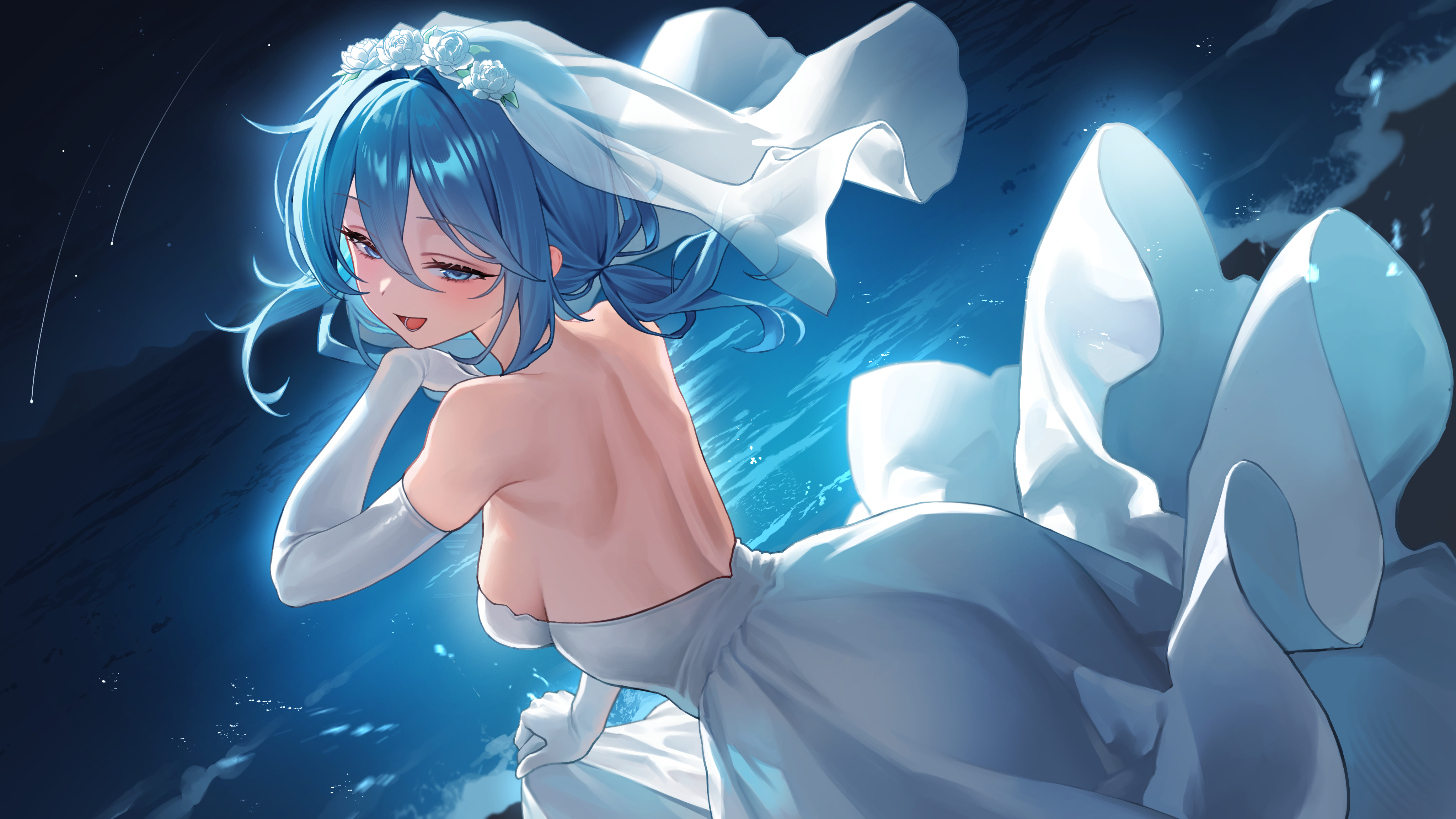 chano39, arahashi tabi, stellive, absurdres, commentary, highres, 1girl, back, backless dress, backless outfit, bare back, bare shoulders, blue eyes, blue hair, breasts, bridal veil, dress, dutch angle, elbow gloves, flower, from behind, gloves, hair between eyes, long hair, looking at viewer, looking back, low ponytail, median furrow, medium breasts, night, open mouth, outdoors, ponytail, shooting star, smile, solo, strapless, strapless dress, veil, virtual youtuber, wedding dress, white dress, white flower, white gloves