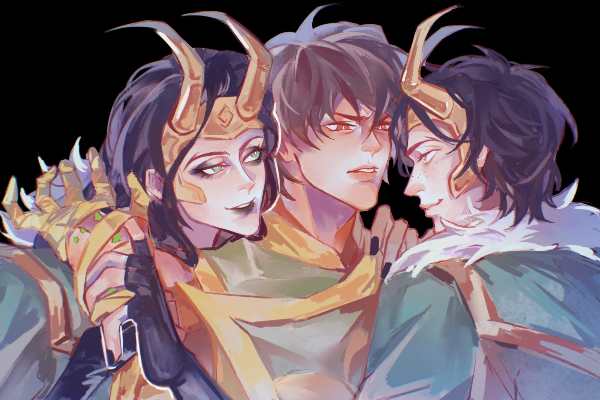 iron fist (marvel), lady loki, loki (marvel), marvel, marvel rivals, thor (marvel) (series), commentary, english commentary, highres, 1girl, 2boys, black background, black eyeshadow, black gloves, black hair, black lips, black nails, bright pupils, coat, dougi, dual persona, eyeshadow, fake horns, fingerless gloves, freckles, fur-trimmed coat, fur trim, gloves, green coat, green eyes, holding another's wrist, horned headwear, horns, lin lie (marvel), long hair, makeup, multiple boys, profile, red eyes, short hair, slit pupils, smile, upper body, white pupils, xuqin37179277