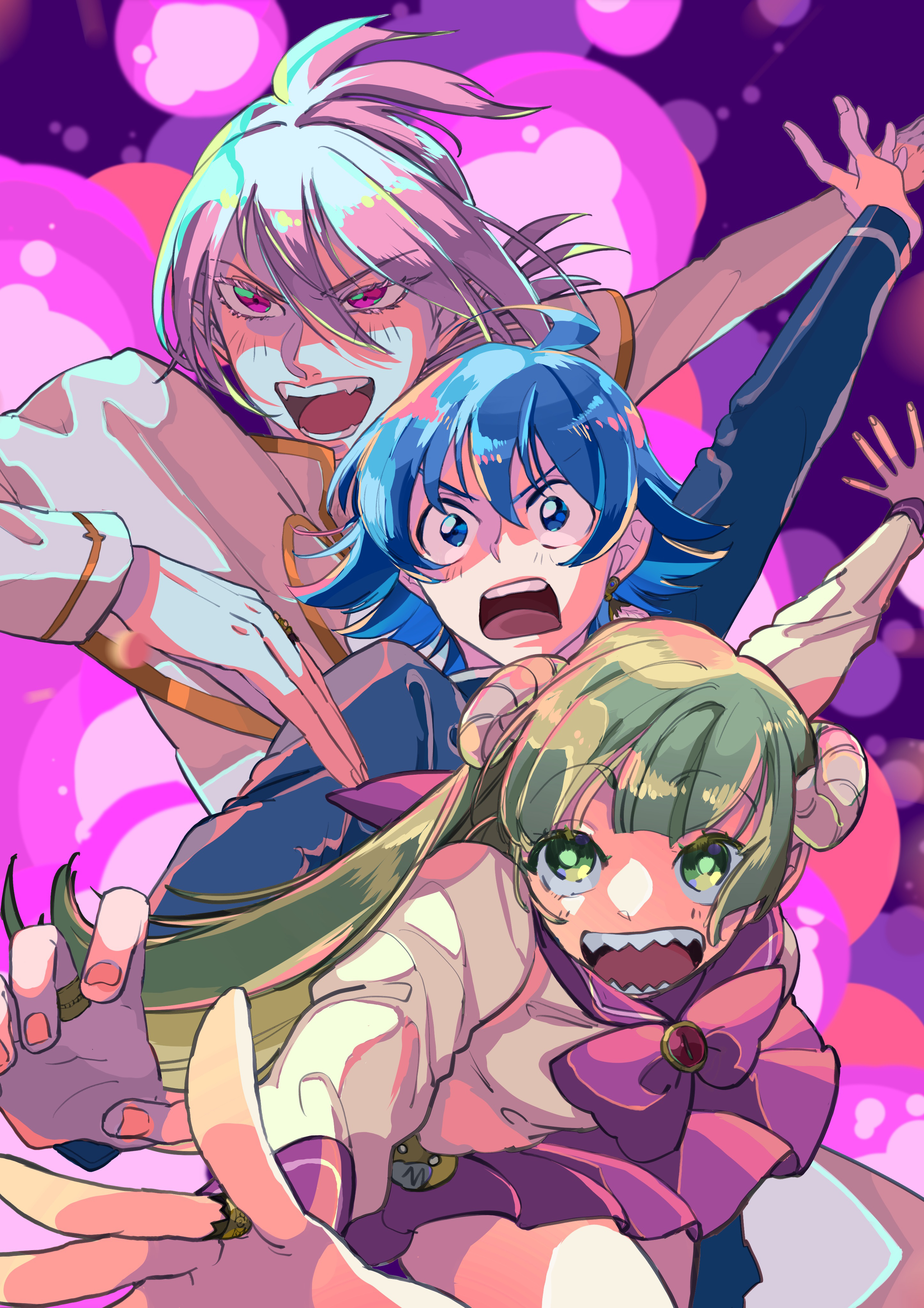 kiyodaruma, asmodeus alice, suzuki iruma, valac clara, mairimashita! iruma-kun, absurdres, highres, 1girl, 2boys, :d, :o, ahoge, babyls school uniform, blue eyes, blue hair, bow, curled horns, green eyes, grey hair, hair between eyes, horns, long hair, long sleeves, medium hair, multiple boys, open mouth, pink background, pink bow, pink hair, pink skirt, red eyes, school uniform, sharp teeth, skirt, smile, teeth
