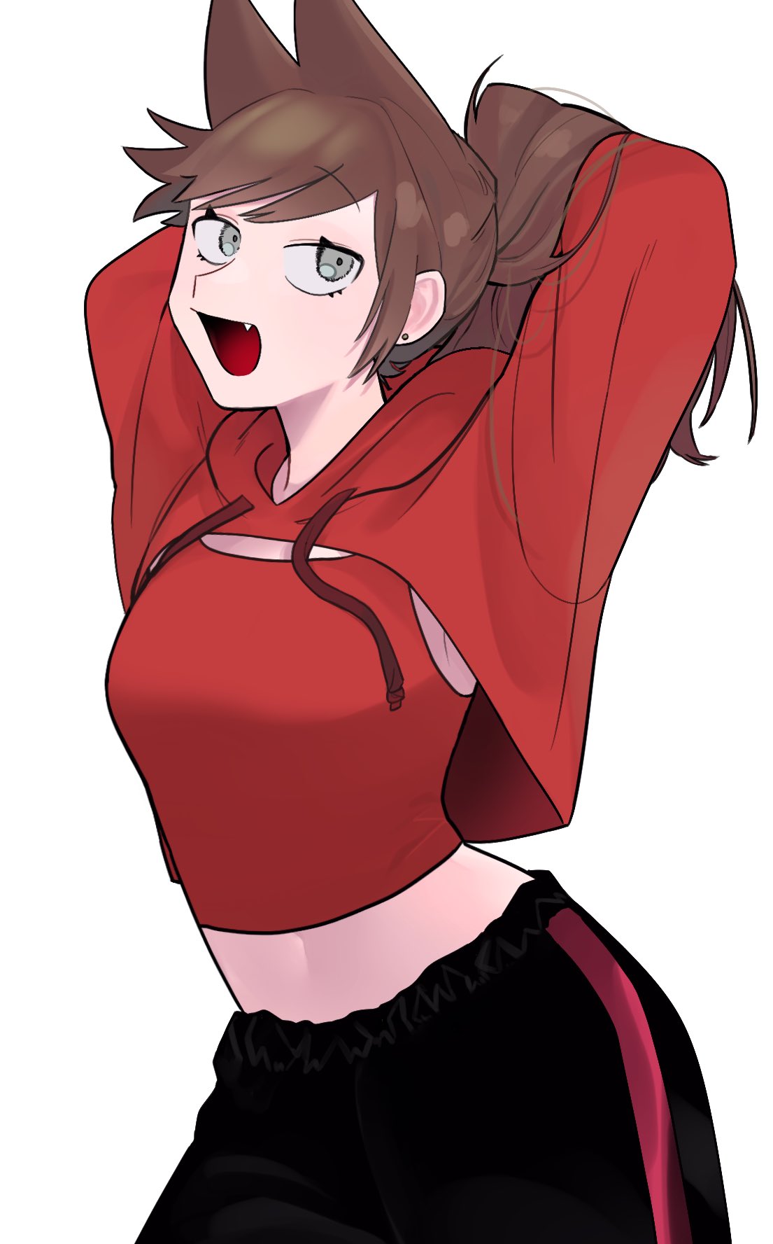 eddsworld, commentary, highres, symbol-only commentary, 1girl, animification, black pants, brown hair, cowboy shot, drawstring, fang, grey eyes, hood, hood down, hoodie, korika02, long hair, looking at viewer, midriff, navel, open mouth, pants, ponytail, red hoodie, red tank top, simple background, smile, solo, tank top, tori (eddsworld), white background