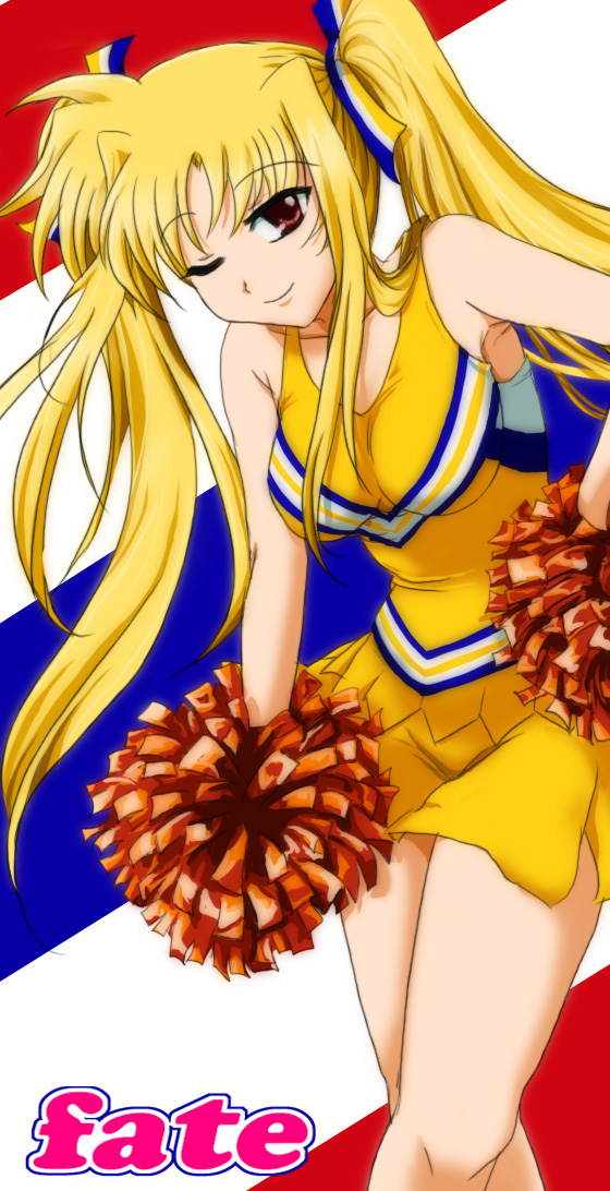 2g50000, fate testarossa, mizuki nana, lyrical nanoha, mahou shoujo lyrical nanoha, mahou shoujo lyrical nanoha strikers, real life, 00s, 1girl, blonde hair, character name, cheerleader, female focus, long hair, one eye closed, pom pom (cheerleading), red eyes, skirt, smile, solo, twintails, voice actor connection, wink