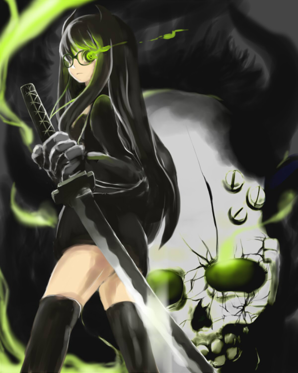 metaborikkumen, black devil girl, black rock shooter, bad id, bad pixiv id, 10s, 1girl, black hair, coat, female focus, glasses, gloves, glowing, glowing eyes, green eyes, horns, katana, long hair, skull, solo, sword, thighhighs, weapon