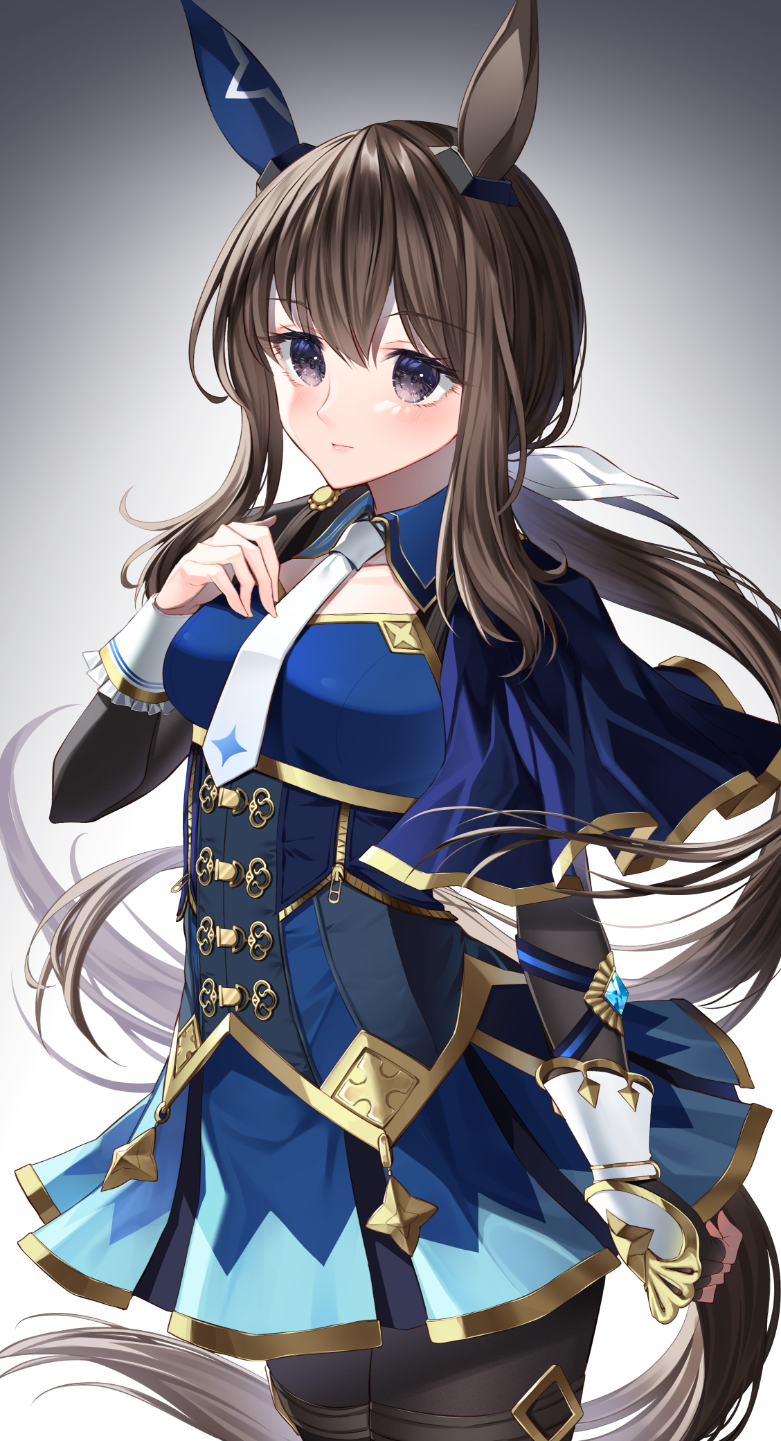 kaede (mmkeyy), admire vega (starry nocturne) (umamusume), admire vega (umamusume), umamusume, commentary request, highres, animal ears, black pantyhose, blue dress, brown hair, closed mouth, collared dress, cowboy shot, dress, ear covers, expressionless, grey background, hair between eyes, hand on own chest, hand up, horse ears, horse girl, horse tail, long hair, long sleeves, necktie, pantyhose, purple eyes, sidelocks, single ear cover, tail, thigh strap, white necktie, zipper