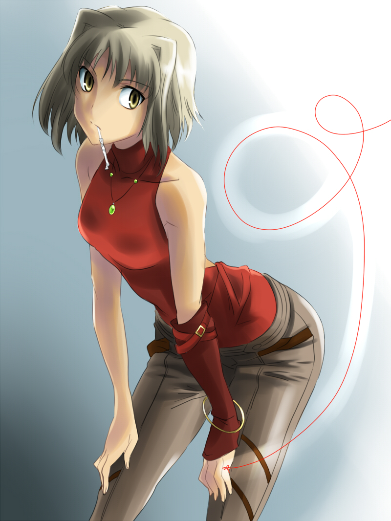 mas (5734ghji), canaan (character), 428, 428: fuusa sareta shibuya de, canaan (series), chunsoft, 1girl, bare shoulders, blonde hair, bracelet, drinking straw, female focus, hands on own knees, jewelry, leaning forward, mouth hold, necklace, red line, short hair, sleeveless, sleeveless turtleneck, solo, string, string of fate, turtleneck, yellow eyes