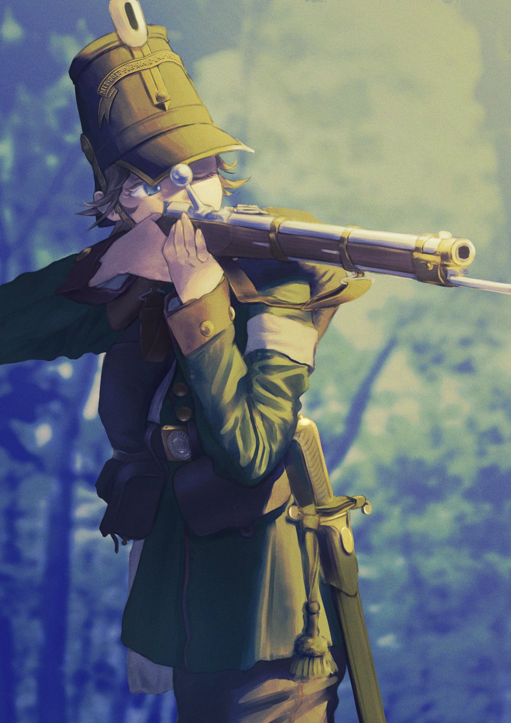 karasumi (sumizono), original, commentary request, highres, revision, 1girl, aiming, ammunition pouch, bayonet, black hat, blue eyes, brown pants, cowboy shot, dreyse needle gun, forest, green jacket, gun, hat, holding, holding gun, holding weapon, jacket, military, military jacket, military uniform, nature, one eye closed, pants, pouch, prussia, sheath, short hair, soldier, solo, weapon