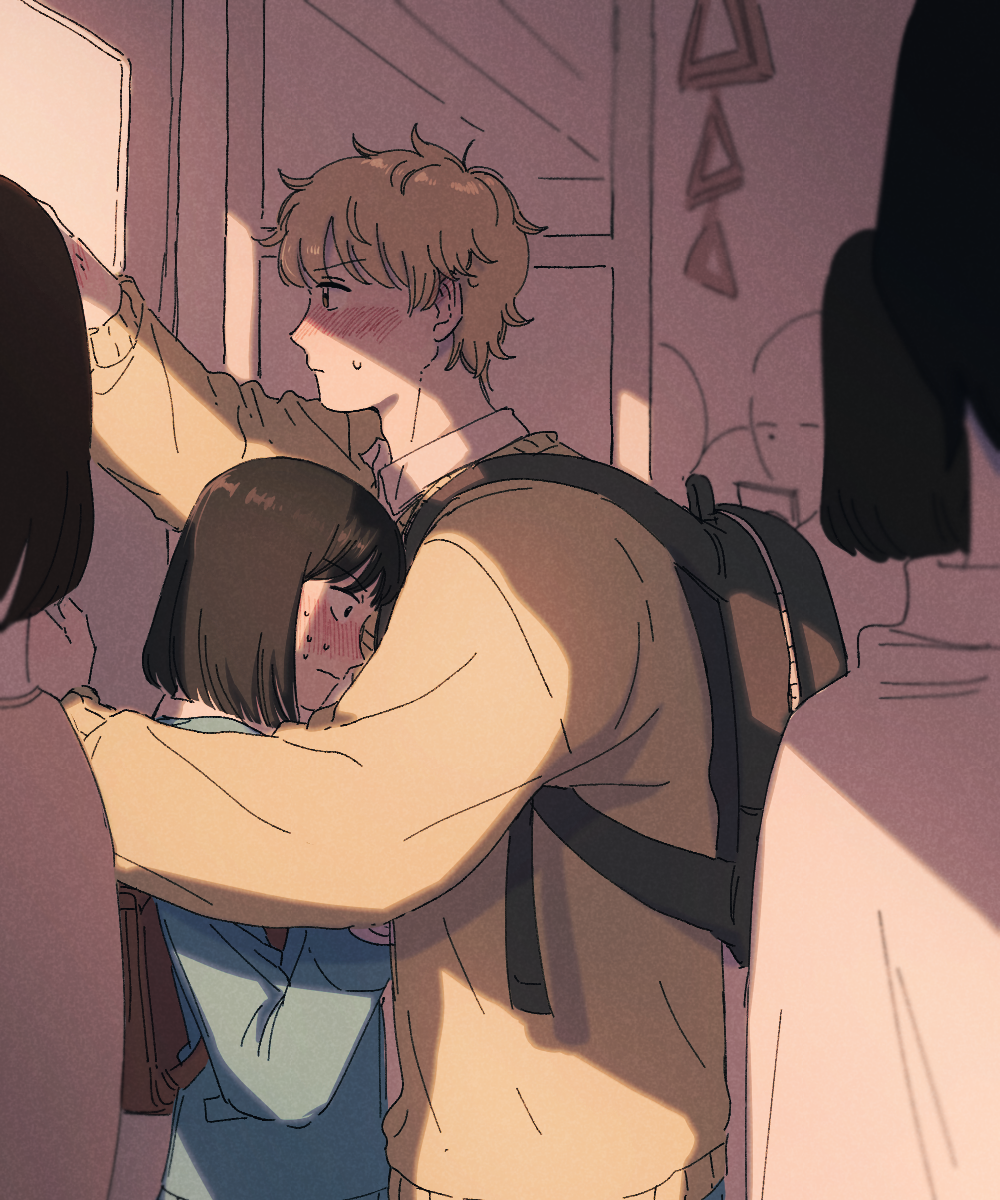 dabln hl, iwakura mitsumi, shima sousuke, skip to loafer, highres, 1boy, 1girl, backpack, bag, black hair, blonde hair, blue jacket, blush, bob cut, hetero, jacket, long sleeves, people, school uniform, short hair, sunlight, sweatdrop, sweater, train interior, yellow sweater