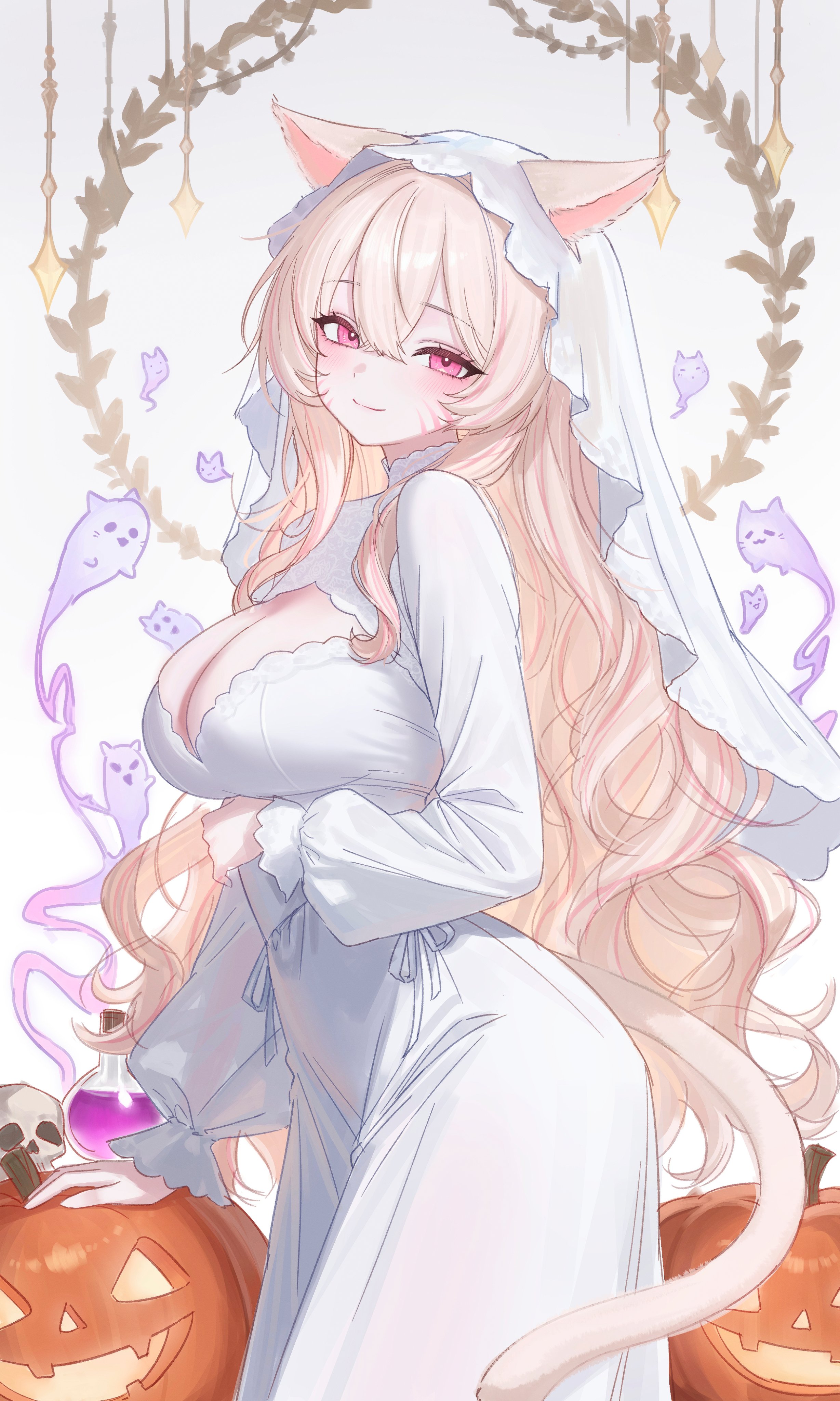 mumu muw, original, absurdres, highres, 1girl, animal ears, blonde hair, breasts, cat ears, cat girl, cat tail, cleavage, cleavage cutout, closed mouth, clothing cutout, dress, ears through headwear, facial mark, jack-o'-lantern, large breasts, long dress, long hair, long sleeves, looking at viewer, multicolored hair, pink eyes, smile, solo, streaked hair, tail, veil, very long hair, white dress, white veil