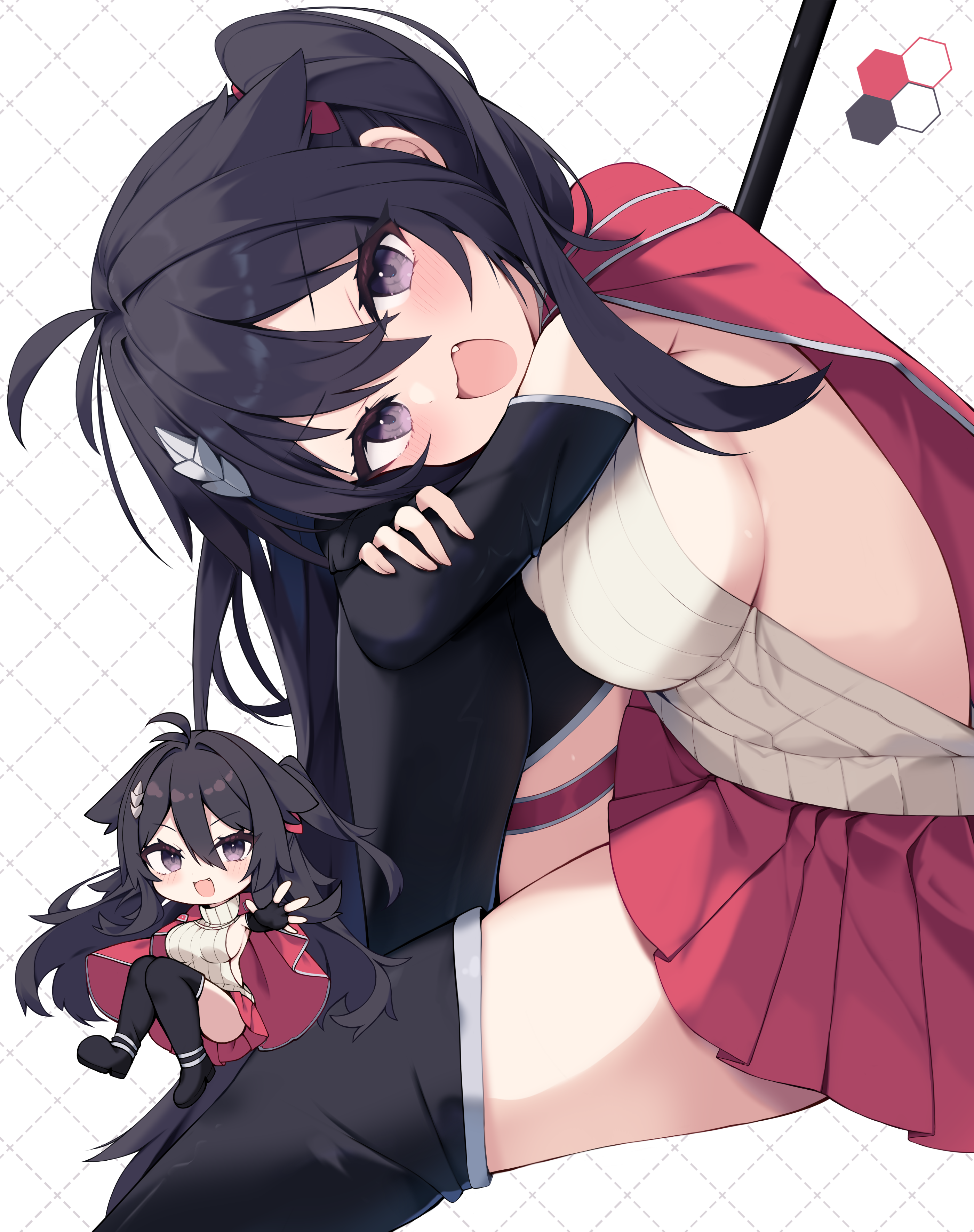 nibiiro shizuka, original, absurdres, commission, highres, skeb commission, 1girl, :d, black boots, black gloves, black hair, boots, breasts, cape, chibi, color guide, dotted line, elbow gloves, fang, fingerless gloves, gloves, grey eyes, hair between eyes, hugging own legs, knee up, large breasts, long hair, multiple views, one side up, open mouth, pleated skirt, red cape, red skirt, ribbed sweater, sideboob, skirt, smile, sweater, thigh boots, turtleneck, turtleneck sweater, very long hair, white background