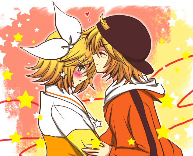 zashiki usagi, zasikiusa, kagamine len, kagamine rin, juvenile (vocaloid), vocaloid, bad id, bad pixiv id, 1boy, 1girl, baseball cap, blonde hair, blue eyes, blush, brother and sister, casual, earrings, hair ornament, hair ribbon, hairclip, hat, hetero, hood, hoodie, jewelry, kiss, ribbon, short hair, siblings, smile, twins