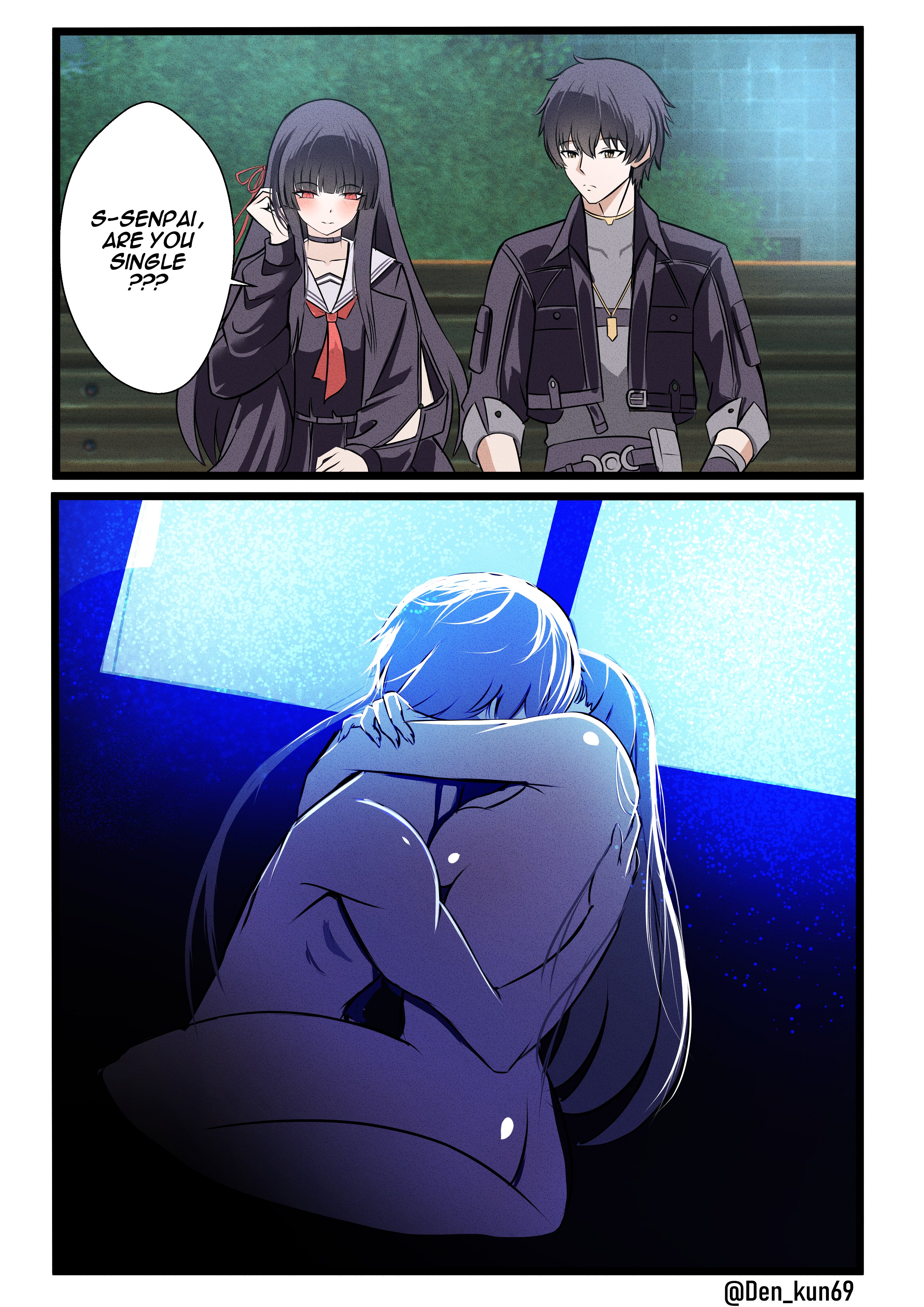 den kun69, chisa (wuthering waves), male rover (wuthering waves), rover (wuthering waves), wuthering waves, absurdres, commentary, english commentary, highres, 1boy, 1girl, are you a virgin? (meme), arms around neck, black choker, black hair, black jacket, black shirt, blush, breasts, choker, closed mouth, collarbone, completely nude, cowgirl position, english text, grey shirt, hair ribbon, hand on another's back, hug, implied sex, jacket, kiss, long hair, medium breasts, meme, neckerchief, nude, red eyes, red neckerchief, red ribbon, ribbon, sailor collar, shirt, smile, straddling, white sailor collar, yellow eyes