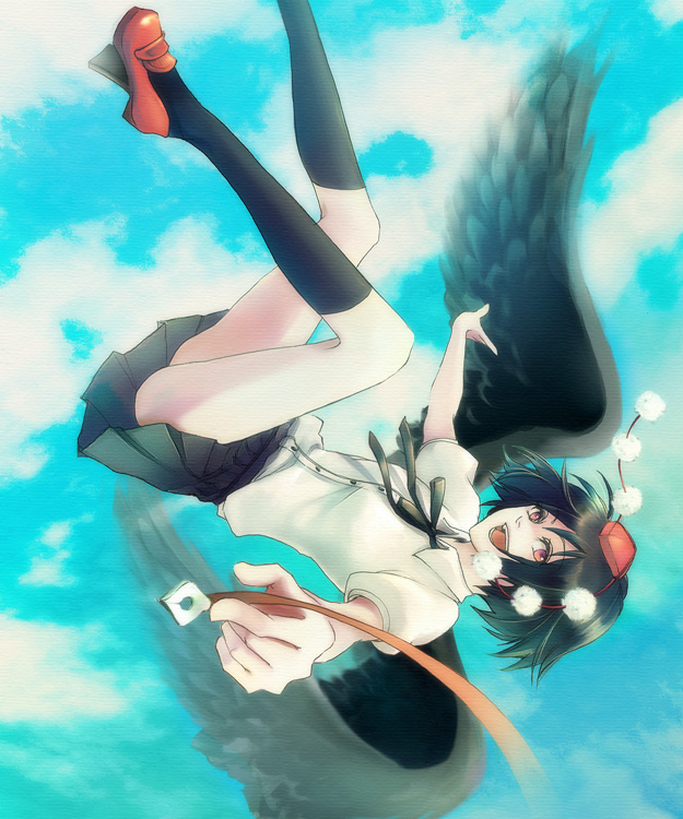 koketarou, lepta, shameimaru aya, touhou, 1girl, black hair, black wings, female focus, geta, hat, red eyes, short hair, solo, tengu-geta, tokin hat, wings