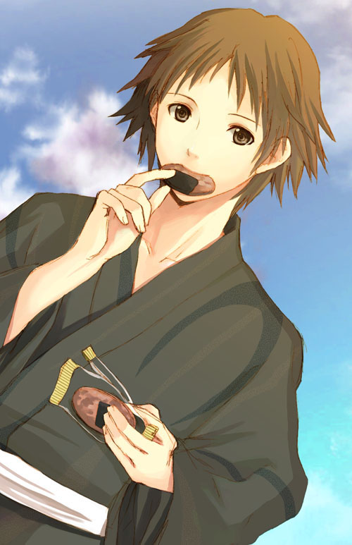 seiru (prairie), hanamura yousuke, atlus, persona, persona 4, 1boy, brown eyes, brown hair, dutch angle, eating, japanese clothes, kimono, male focus, outdoors, sky, solo, yukata