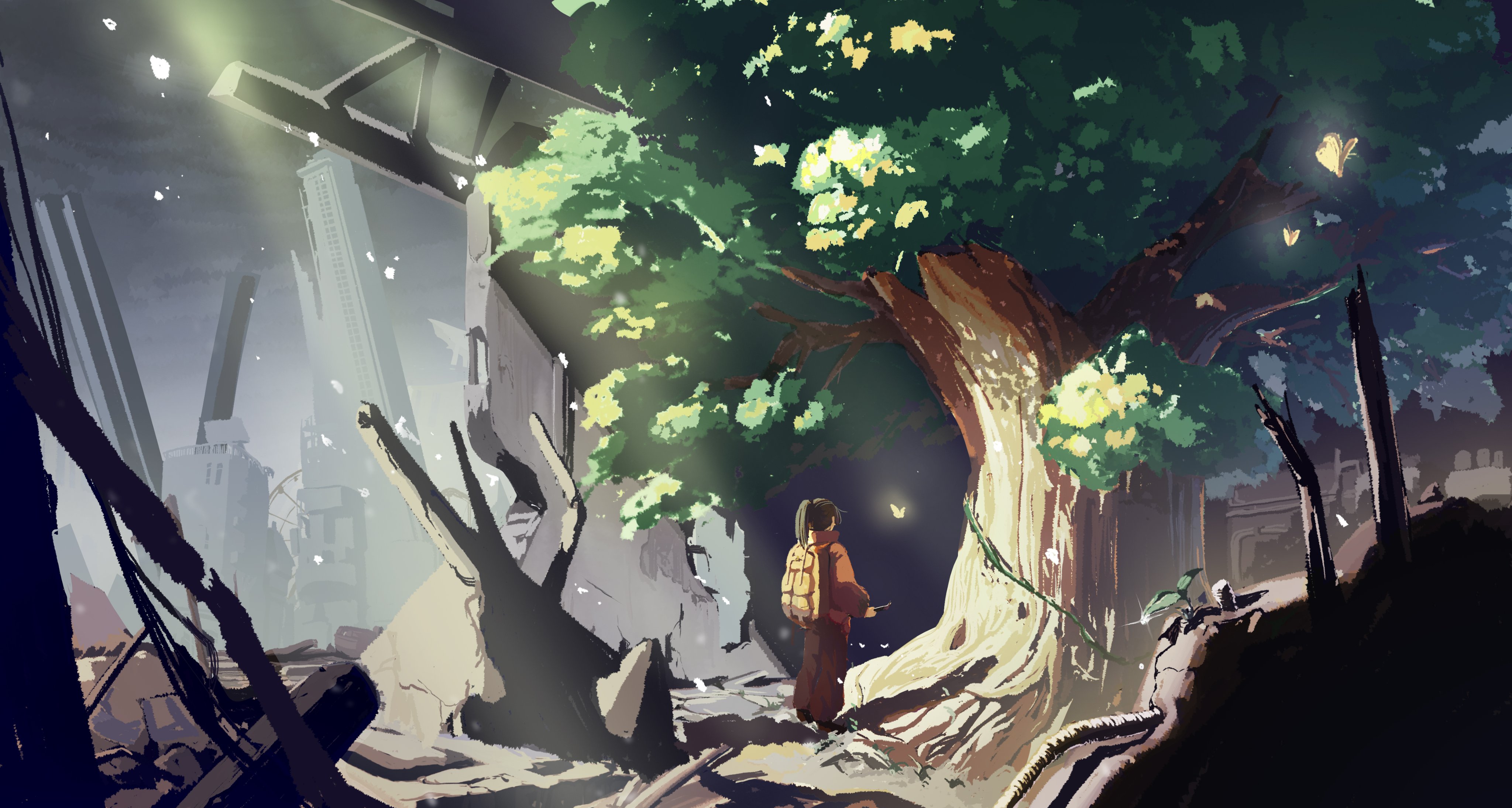 original, absurdres, highres, 1girl, backpack, bag, black hair, bug, butterfly, crowbar, facing away, glowing butterfly, grey sky, holding, holding crowbar, insect, light rays, mo rimori morio, overcast, plant, ponytail, post-apocalypse, rebar, ruins, scenery, sky, solo, standing, tree, vines, wide shot, yellow bag