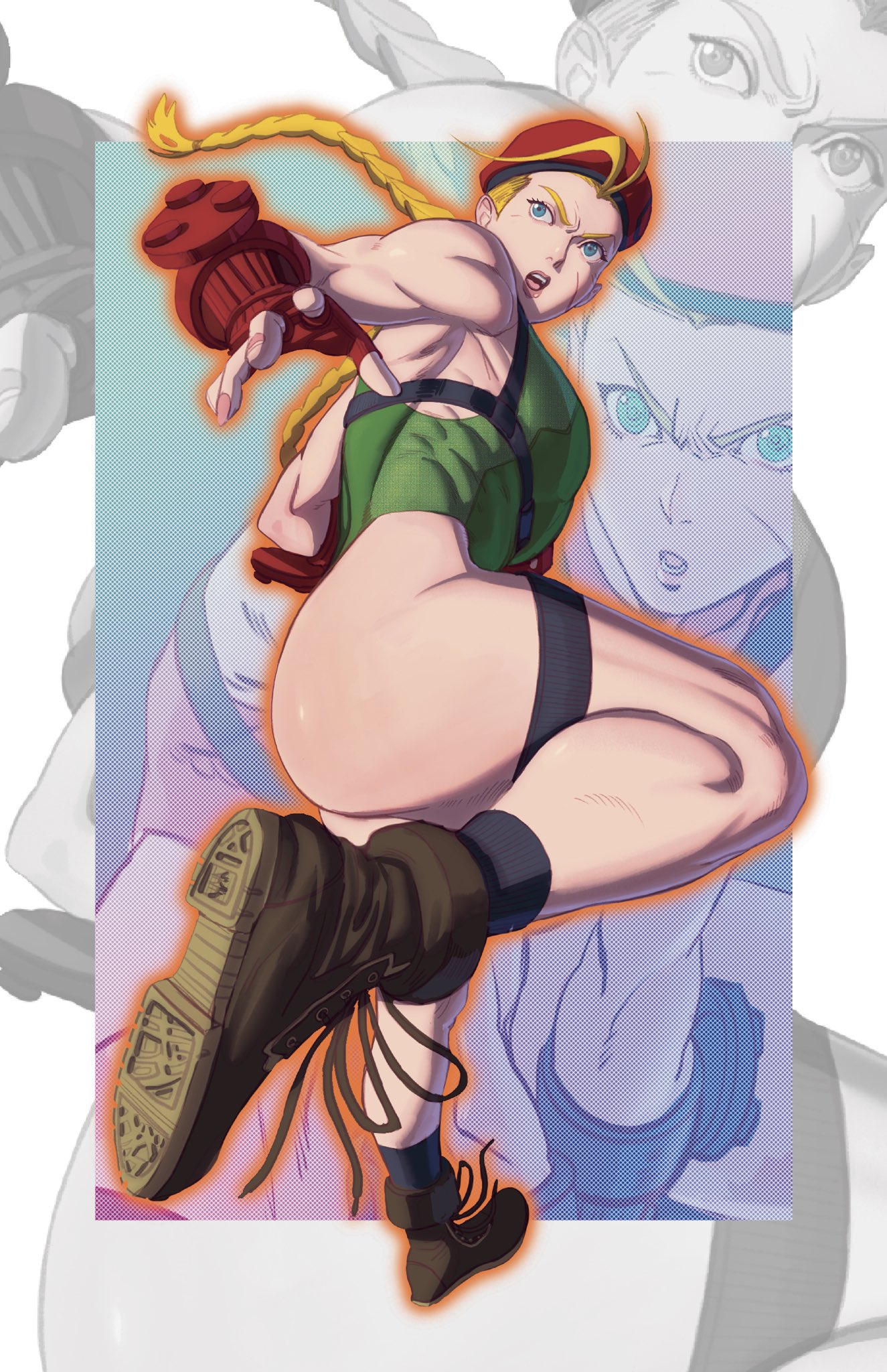 acecore2k, cammy white, street fighter, commentary, english commentary, highres, 1girl, ass, beret, black socks, blonde hair, blue eyes, boots, braid, breasts, brown boots, combat boots, facial scar, fingerless gloves, gloves, green leotard, harness, hat, highleg, highleg leotard, leotard, looking back, looking up, medium breasts, open mouth, pinup (style), red gloves, red hat, scar, scar on cheek, scar on face, socks, solo, thigh strap, toned, toned female, zoom layer