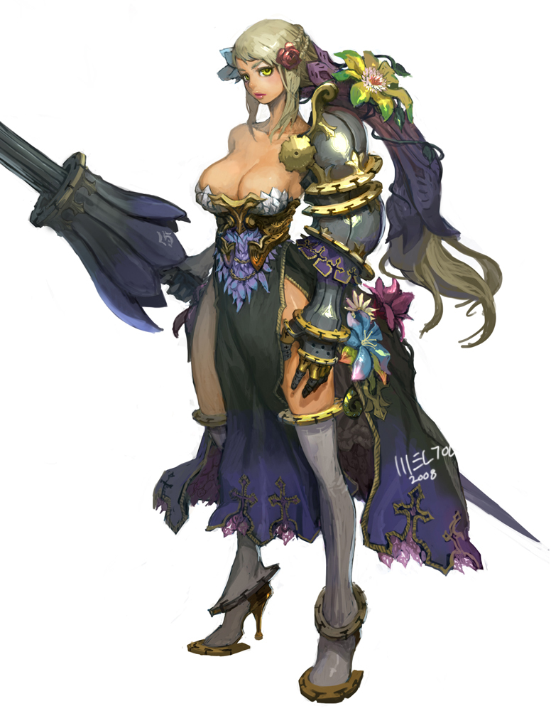 weltol, original, 00s, 1girl, 2008, armor, bare hips, bare shoulders, blonde hair, breasts, cleavage, dress, female focus, flower, frills, gauntlets, hair flower, hair ornament, high heels, huge weapon, lance, large breasts, lips, long hair, polearm, shoes, simple background, solo, tabard, thighhighs, weapon, yellow eyes