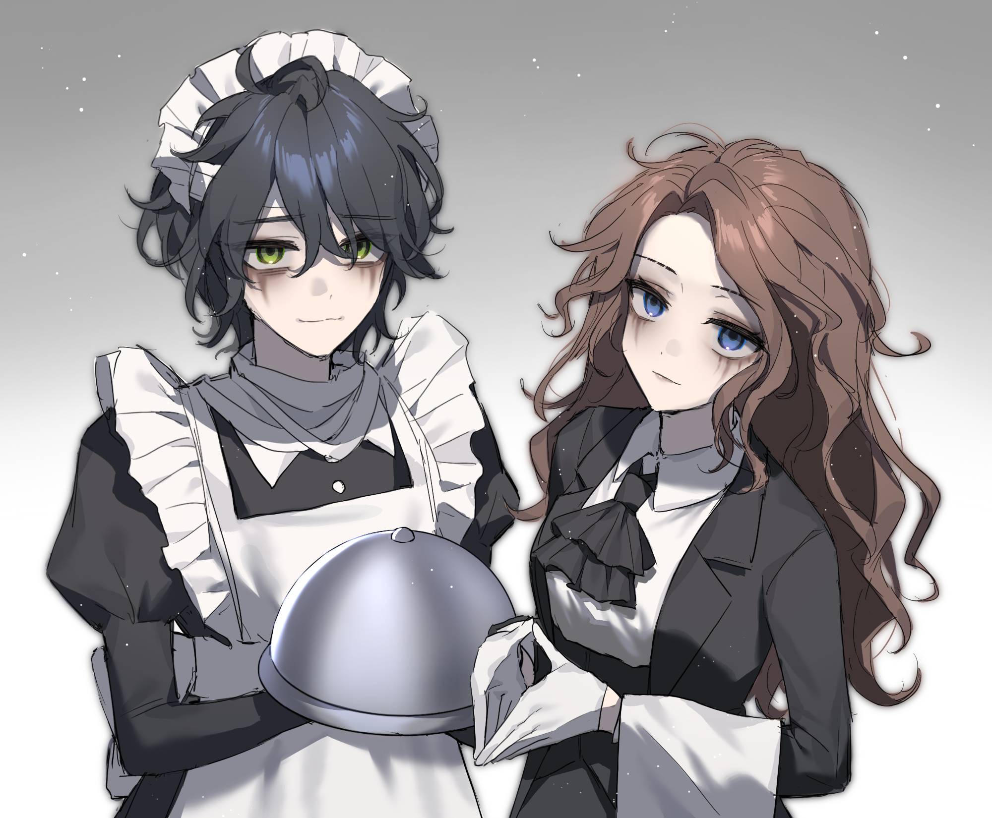 ada mesmer, emil (identity v), identity v, chinese commentary, commentary request, highres, 1boy, 1girl, alternate costume, apron, ascot, back bow, bandaged neck, bandages, black ascot, black dress, black hair, black jacket, black pants, black suit, blue eyes, bow, brown hair, butler, collared shirt, crossdressing, crossdressing (ftm), crossdressing (mtf), curtained hair, dress, enmaided, formal clothes, frills, gloves, green eyes, guan zhuang zhen ye lin, hair between eyes, holding, holding plate, jacket, juliet sleeves, long hair, long sleeves, looking at viewer, maid, maid apron, maid headdress, makeup, medium hair, own hands together, pants, plate, puffy sleeves, runny makeup, shirt, suit, wavy hair, white apron, white gloves, white shirt