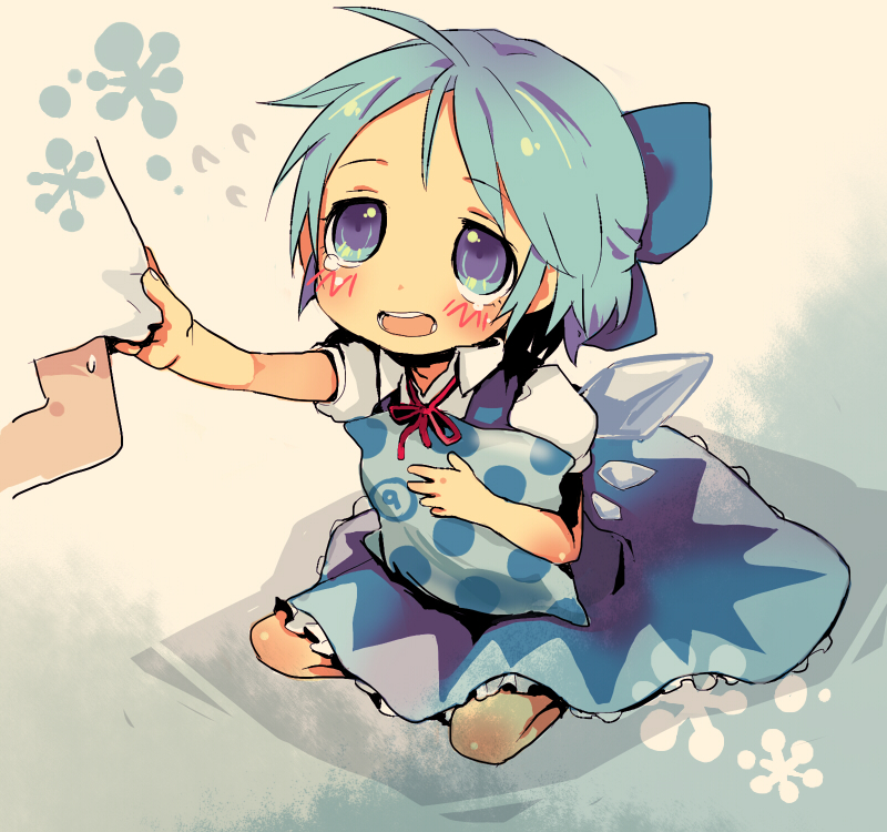 ch3, keien, methyl key, cirno, embodiment of scarlet devil, touhou, bad id, bad pixiv id, 1girl, blue eyes, blue hair, bow, chibi, child, circled 9, female focus, hair bow, matching hair/eyes, pillow, short hair, sitting, solo, tears, wings, yokozuwari