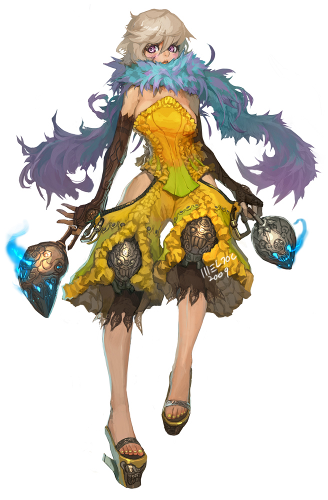 weltol, original, 1girl, bare shoulders, blonde hair, corset, elbow gloves, feather boa, female focus, fingerless gloves, gloves, nail polish, puffy pants, purple eyes, short hair, simple background, solo, white background, yellow nails