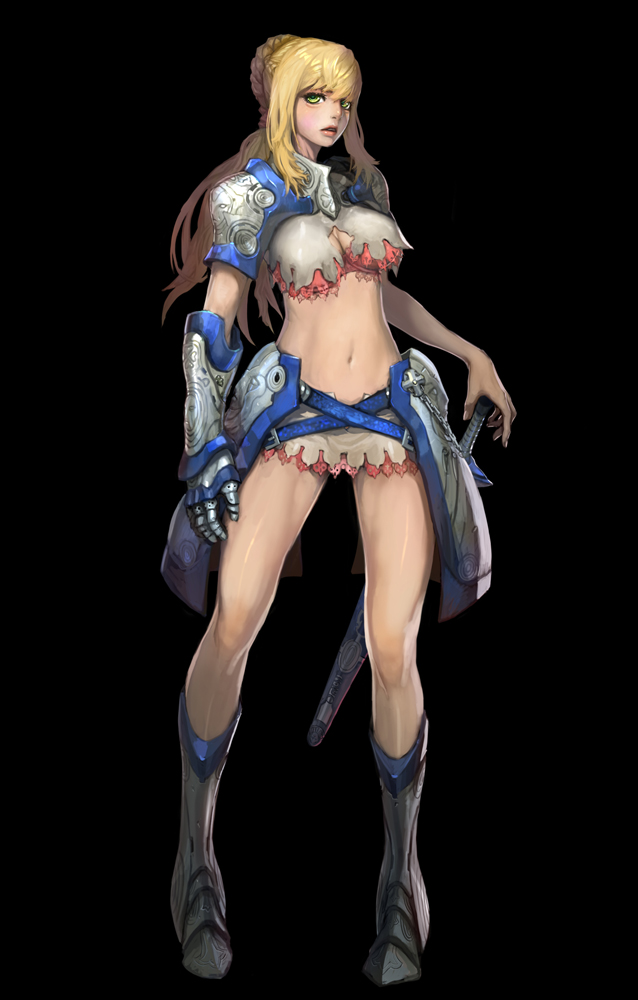 weltol, original, bad id, bad pixiv id, 1girl, armor, blonde hair, cleavage cutout, clothing cutout, female focus, gauntlets, greaves, green eyes, legs, lips, long hair, navel, simple background, solo, sword, weapon