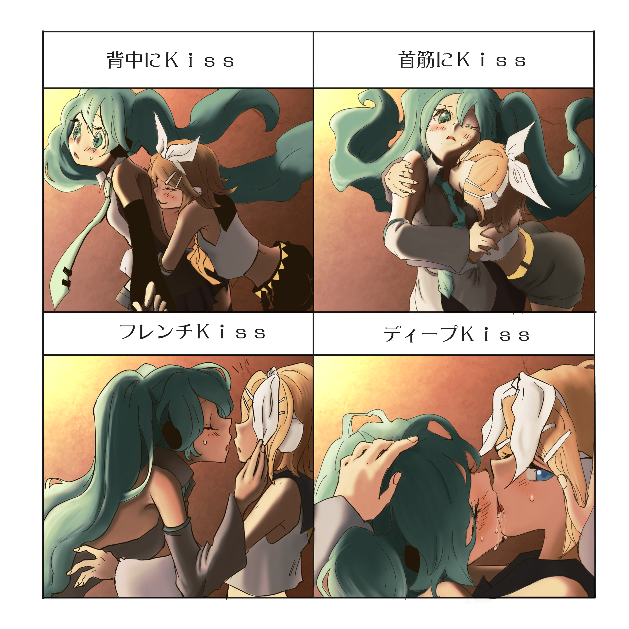 namo do, hatsune miku, kagamine rin, vocaloid, bad id, bad pixiv id, highres, translated, 2girls, aqua eyes, aqua hair, blonde hair, blue eyes, blush, closed eyes, detached sleeves, hair ornament, hair ribbon, hairclip, headphones, kiss, kiss chart, long hair, midriff, multiple drawing challenge, multiple girls, necktie, ribbon, saliva, short hair, shorts, smile, sweat, thighhighs, twintails, yuri, zettai ryouiki