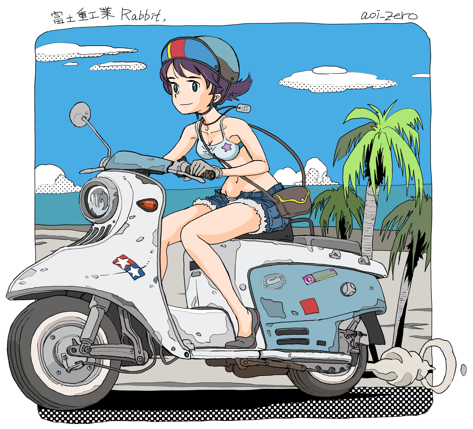 aoi zero, original, highres, 1girl, artist name, bag, black shoes, breasts, cloud, denim, denim shorts, handbag, helmet, jewelry, motor vehicle, motorcycle, navel, necklace, palm tree, shoes, shorts, small breasts, smoke, summer, tree