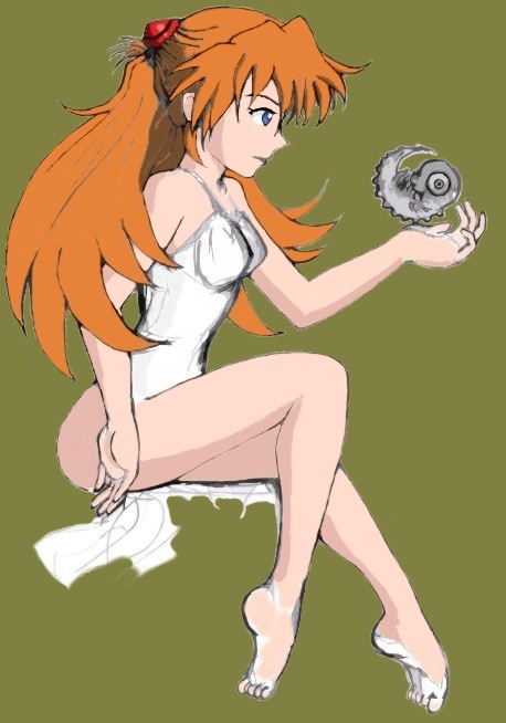malestar, souryuu asuka langley, neon genesis evangelion, self-upload, unfinished, 1girl, bad anatomy, barefoot, creature, female focus, green background, long hair, orange hair, poorly drawn, simple background, solo