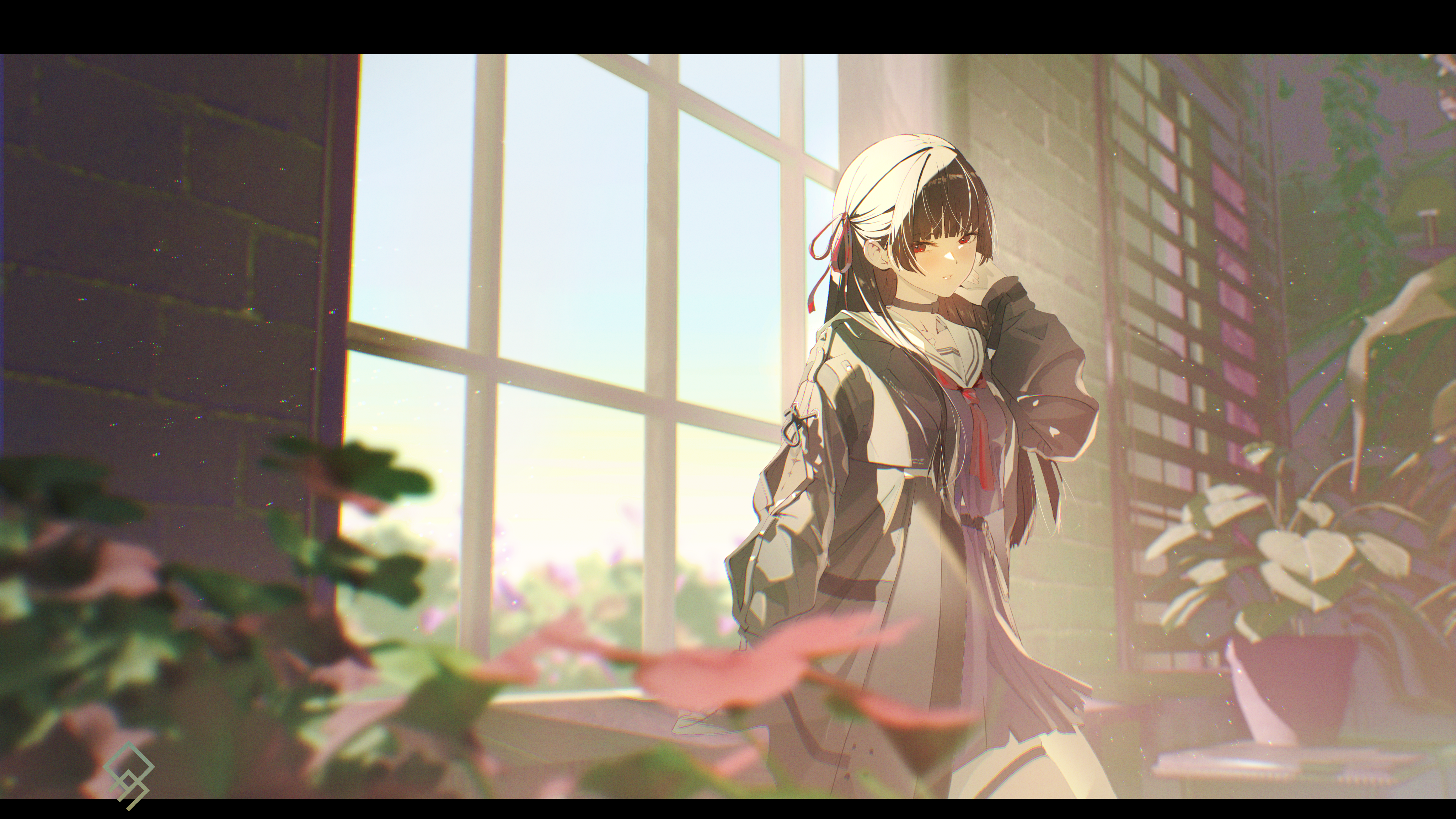 qurami, chisa (wuthering waves), wuthering waves, absurdres, commentary request, highres, partial commentary, 1girl, arm cutout, artist logo, black hair, black jacket, black serafuku, black shirt, black skirt, blurry, blurry foreground, breasts, chromatic aberration, closed mouth, clothing cutout, hair ribbon, hand up, indoors, jacket, letterboxed, logo, long hair, long sleeves, looking at viewer, medium breasts, neckerchief, parted lips, red eyes, red neckerchief, red ribbon, ribbon, sailor collar, school uniform, serafuku, shirt, skirt, solo, tacet mark (wuthering waves), thigh strap, white sailor collar