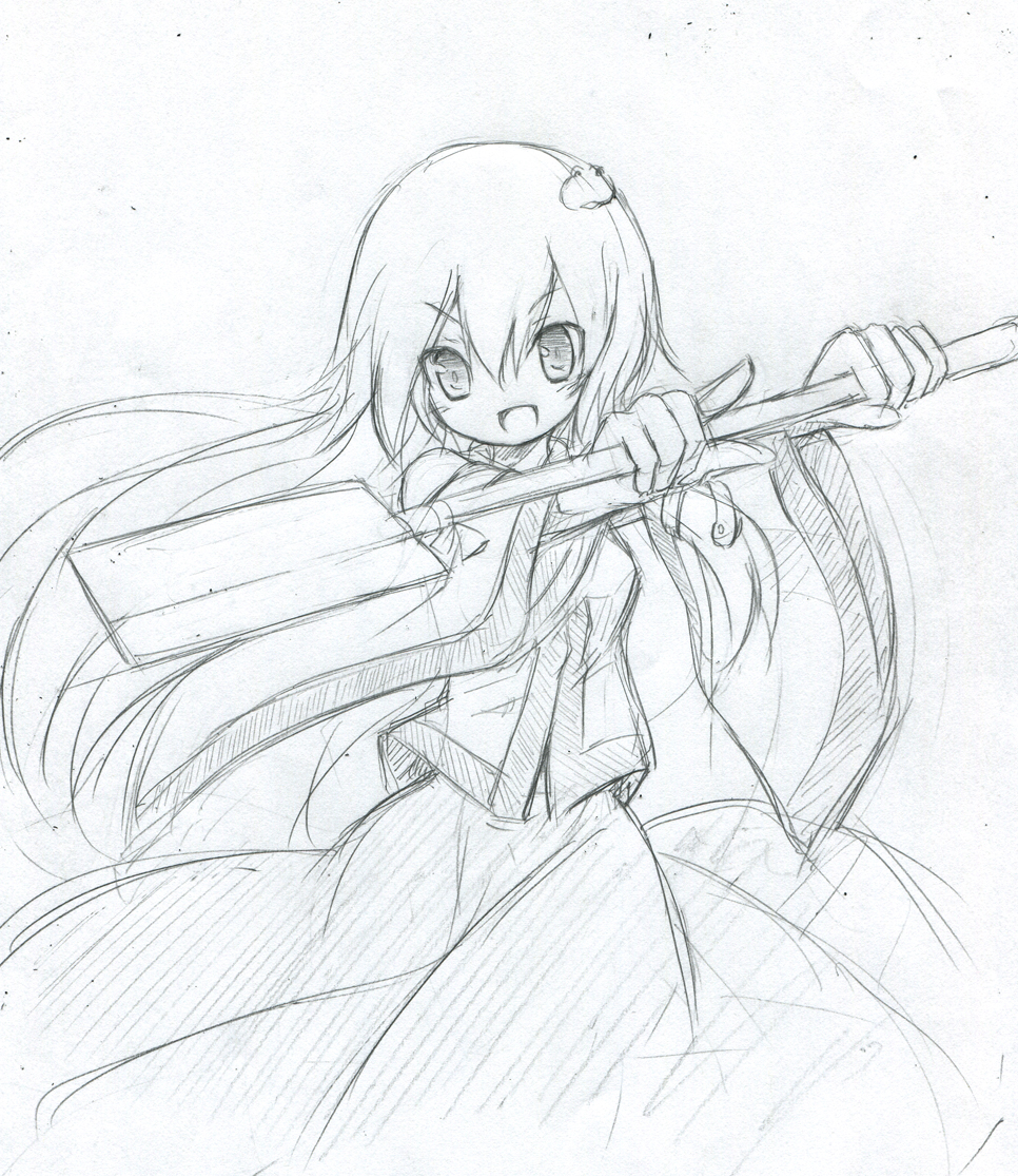 miko machi, kochiya sanae, touhou, graphite (medium), traditional media, 1girl, detached sleeves, female focus, greyscale, hair ornament, japanese clothes, long hair, mechanical pencil, miko, monochrome, pencil, sketch, skirt, solo, white background