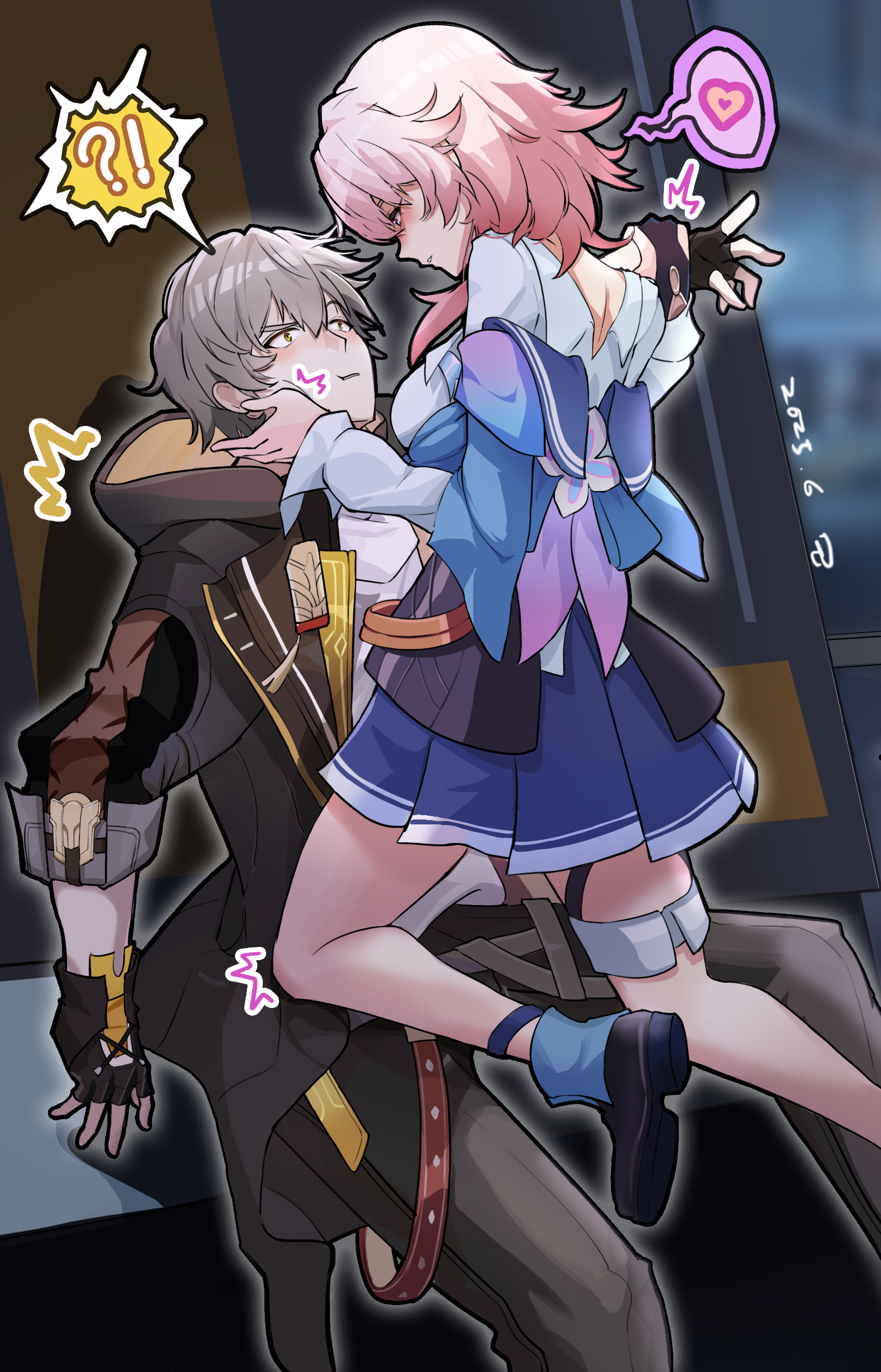 mafuraakon, caelus (honkai: star rail), march 7th (honkai: star rail), trailblazer (honkai: star rail), honkai: star rail, honkai (series), absurdres, highres, !?, 1boy, 1girl, black gloves, black jacket, black pants, black shoes, blue jacket, blue skirt, fingerless gloves, gloves, grey hair, hair between eyes, hand on another's cheek, hand on another's face, hand on another's wrist, holding, holding another's wrist, jacket, long hair, long sleeves, looking at another, pants, pink hair, shirt, shoes, skirt, speech bubble, thigh strap, white shirt, yellow eyes
