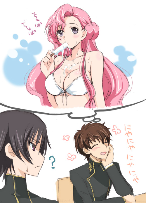 akina tsukako, euphemia li britannia, kururugi suzaku, lelouch vi britannia, code geass, translated, 00s, 1girl, 2boys, ?, bikini, bikini top only, blush, breasts, cleavage, donut hair bun, food, front-tie top, hair bun, imagining, large breasts, long hair, multiple boys, pink hair, popsicle, purple eyes, sexually suggestive, swimsuit