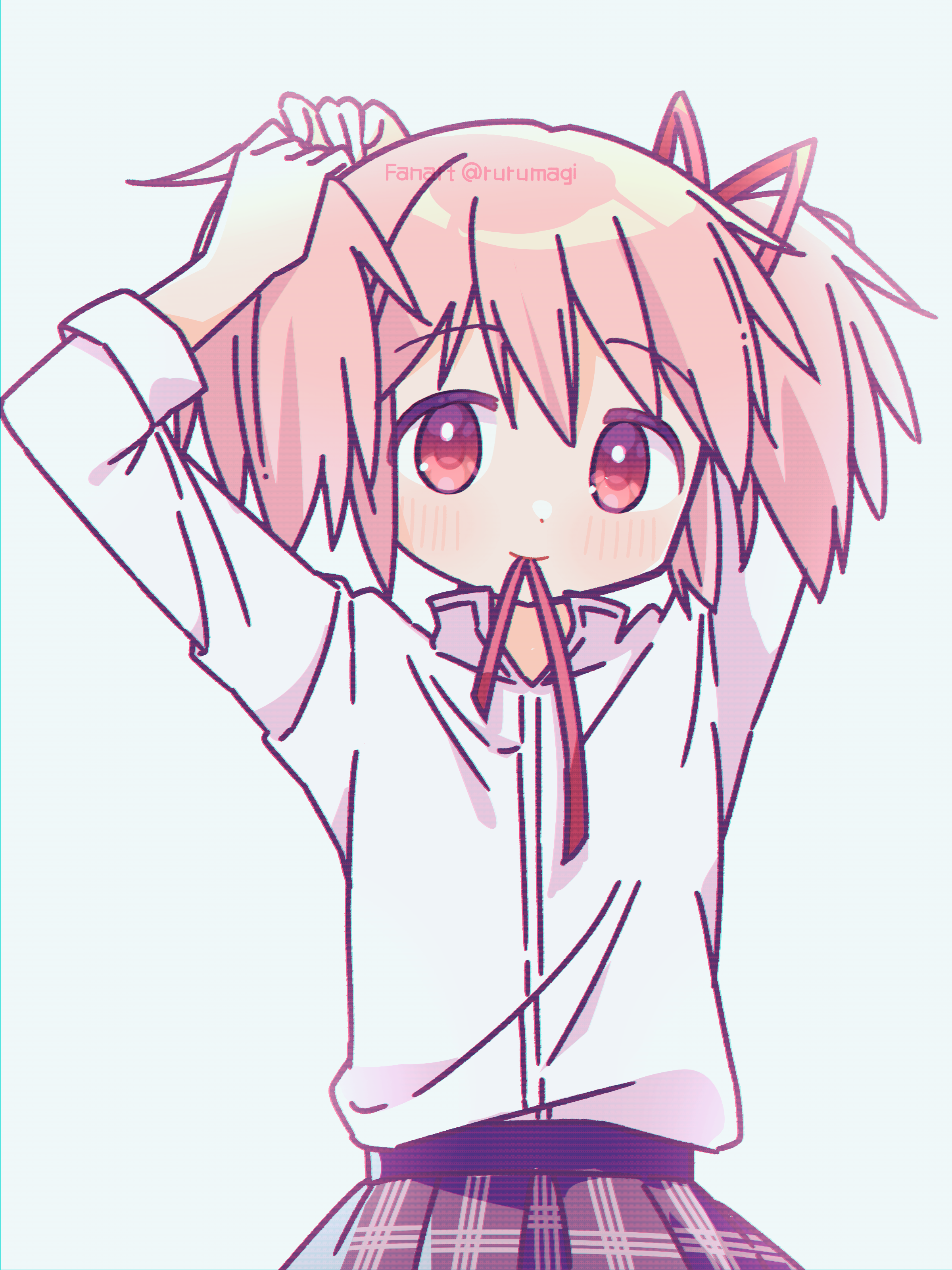 ruru (rurumagi), kaname madoka, mahou shoujo madoka magica, mahou shoujo madoka magica (anime), absurdres, commentary request, highres, 1girl, adjusting hair, black skirt, mouth hold, pink eyes, pink hair, pleated skirt, ribbon, ribbon in mouth, shirt, skirt, solo, twintails, white background, white shirt