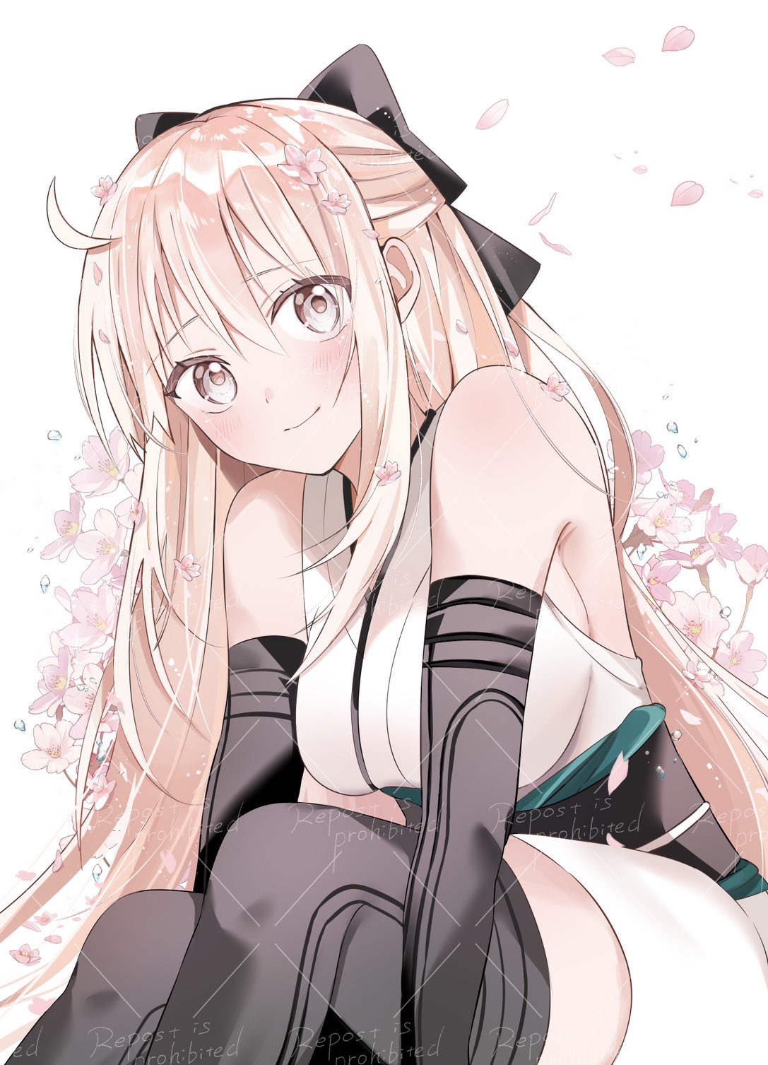 draw happy set, okita souji (fate), fate/grand order, fate (series), highres, 1girl, ahoge, alternate hair length, alternate hairstyle, arm guards, black bow, black thighhighs, blonde hair, bow, falling petals, flower, grey eyes, japanese clothes, kimono, long hair, looking at viewer, obi, okita souji (second ascension) (fate), petals, sash, short kimono, sleeveless, sleeveless kimono, solo, thighhighs, white kimono