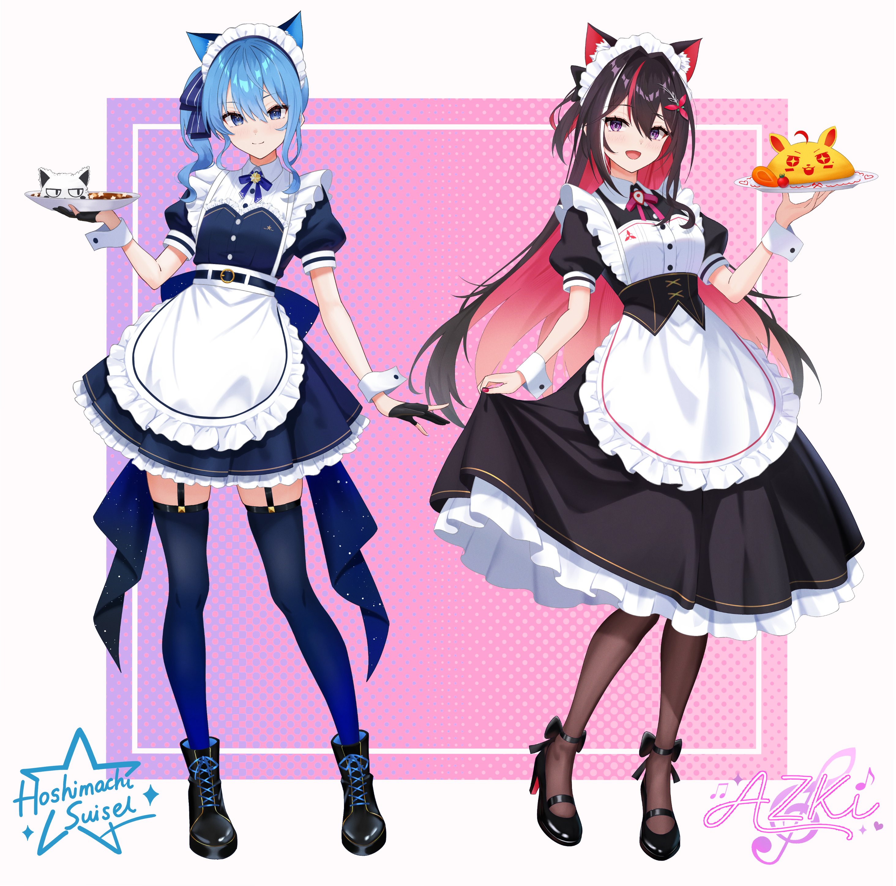 telu (teluscarlet), azki (hololive), hoshimachi suisei, takoyaki (hoshimachi suisei), hololive, absurdres, commentary request, highres, 2girls, alternate costume, animal ears, apron, asymmetrical sidelocks, back bow, black boots, black dress, black gloves, black hair, black shoes, blue bow, blue dress, blue eyes, blue hair, blue ribbon, boots, bow, braid, cat ears, character name, closed mouth, collared dress, colored inner hair, curry, curry rice, double-parted bangs, dress, enmaided, flat chest, food, frilled apron, frilled dress, frills, full body, garter straps, gloves, gradient thighhighs, hair between eyes, hair intakes, hair ribbon, half up half down braid, high heels, holding, holding plate, lace-up boots, long hair, looking at viewer, maid, maid headdress, medium hair, mole, mole under eye, multicolored hair, multiple girls, neck ribbon, omelet, omurice, open mouth, partially fingerless gloves, pink hair, plate, puffy short sleeves, puffy sleeves, purple eyes, ribbon, rice, shoes, short sleeves, side ponytail, sidelocks, skirt hold, smile, star (symbol), star in eye, strappy heels, streaked hair, symbol in eye, very long hair, virtual youtuber, waist apron, white apron, white hair, wrist cuffs
