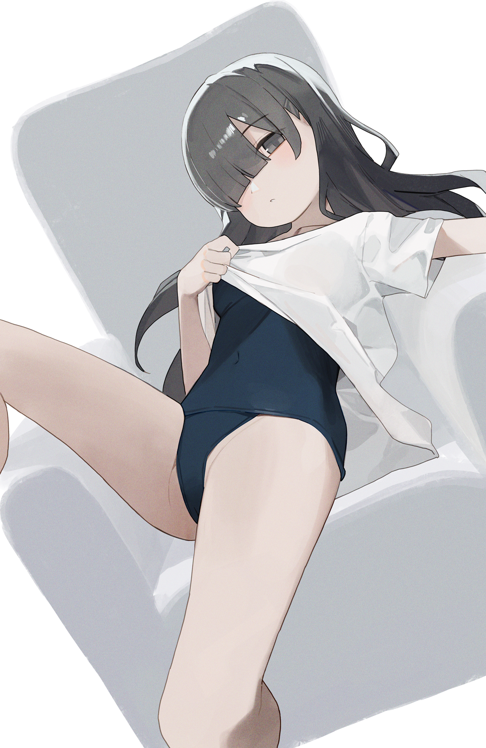 hiroki (yyqw7151), original, commentary request, highres, partial commentary, 1girl, bare legs, black eyes, black hair, blue one-piece swimsuit, breasts, closed mouth, couch, covered navel, hair over one eye, legs, long hair, looking at viewer, on couch, one-piece swimsuit, shirt, short sleeves, simple background, small breasts, solo, swimsuit, swimsuit under clothes, t-shirt, thighs, white background, white shirt