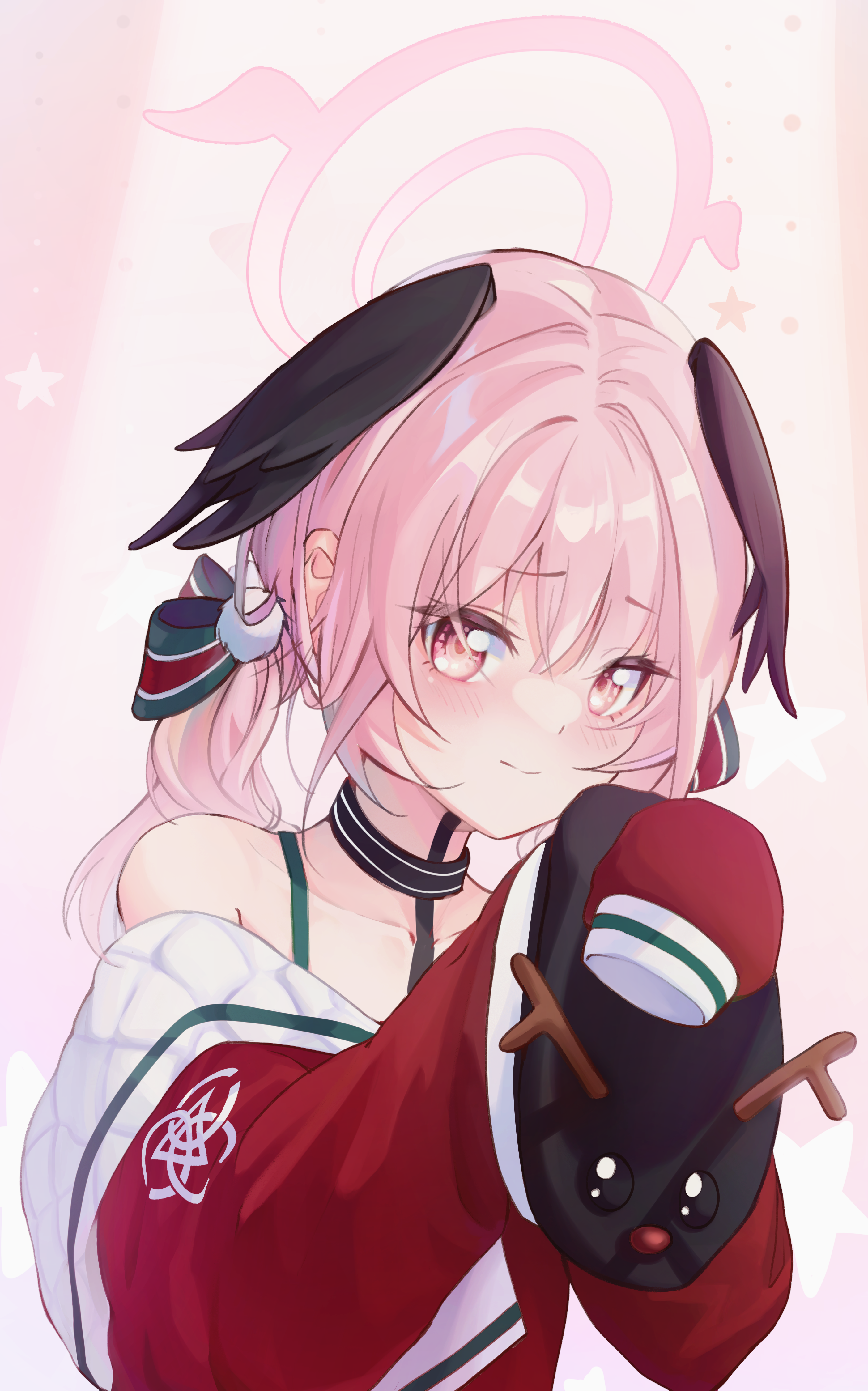 aquagirl, koharu (blue archive), blue archive, absurdres, commentary request, highres, 1girl, bare shoulders, black choker, blush, choker, closed mouth, collarbone, hair between eyes, halo, head wings, long hair, long sleeves, looking at viewer, low twintails, off shoulder, pink eyes, pink hair, sleeves past wrists, solo, twintails, upper body, wings