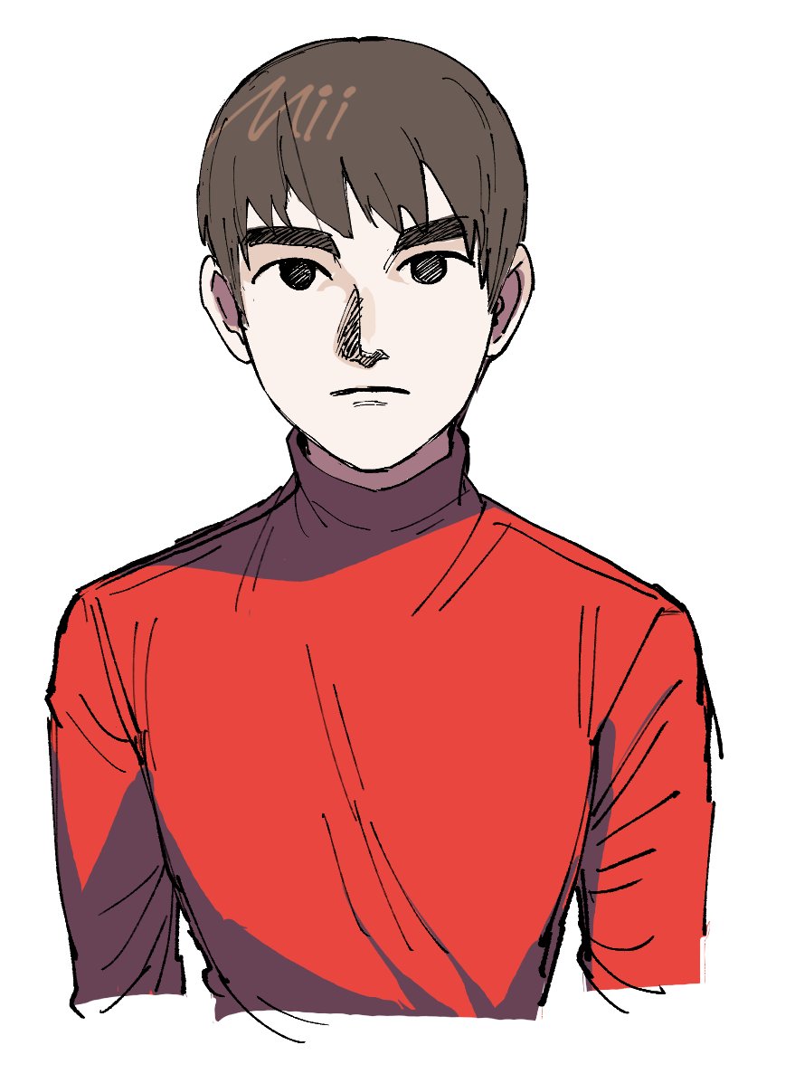 dancho no mori, mii (nintendo), nintendo, commentary, symbol-only commentary, 1boy, :|, black eyes, blank stare, brown hair, closed mouth, cropped torso, empty eyes, expressionless, guest c (mii), long sleeves, looking at viewer, male focus, mob face, red shirt, red sweater, shirt, short hair, simple background, solo, sweater, thick eyebrows, turtleneck, turtleneck sweater, upper body, white background