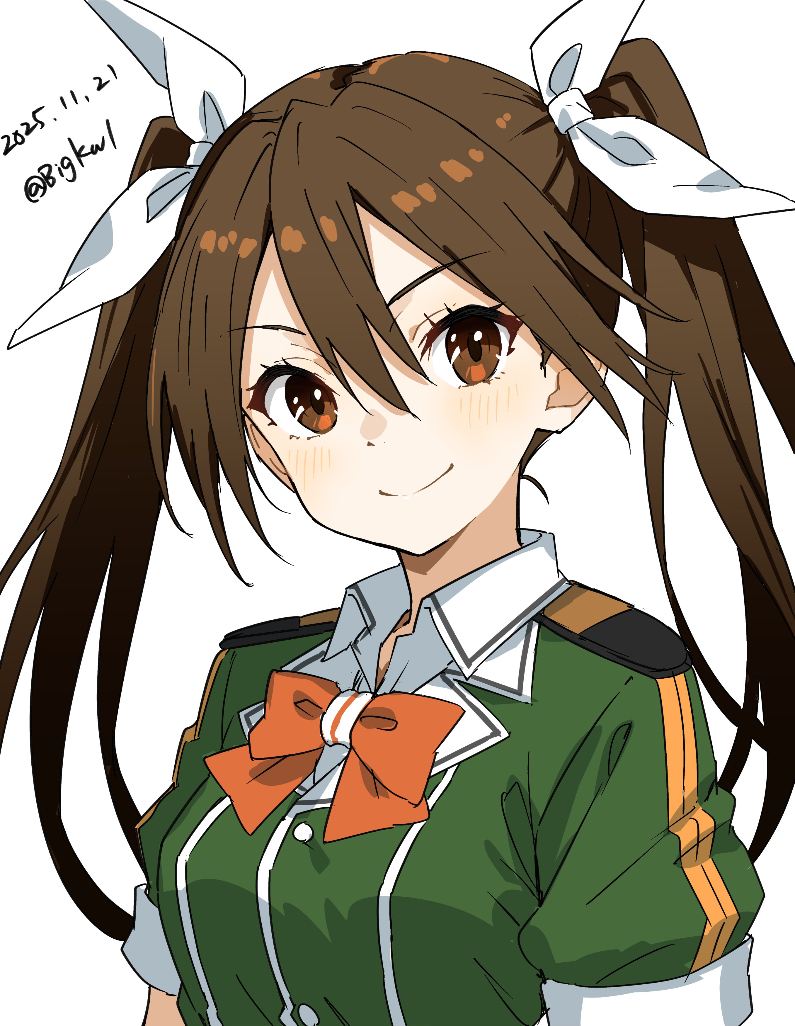 bigkwl, tone (kancolle), tone kai ni (kancolle), kantai collection, absurdres, commentary request, highres, 1girl, blush, bow, bowtie, breasts, brown eyes, brown hair, dated, green shirt, hair between eyes, hair ribbon, long hair, looking at viewer, one-hour drawing challenge, red bow, red bowtie, ribbon, shirt, short sleeves, simple background, smile, solo, twintails, twitter username, upper body, white background, white ribbon