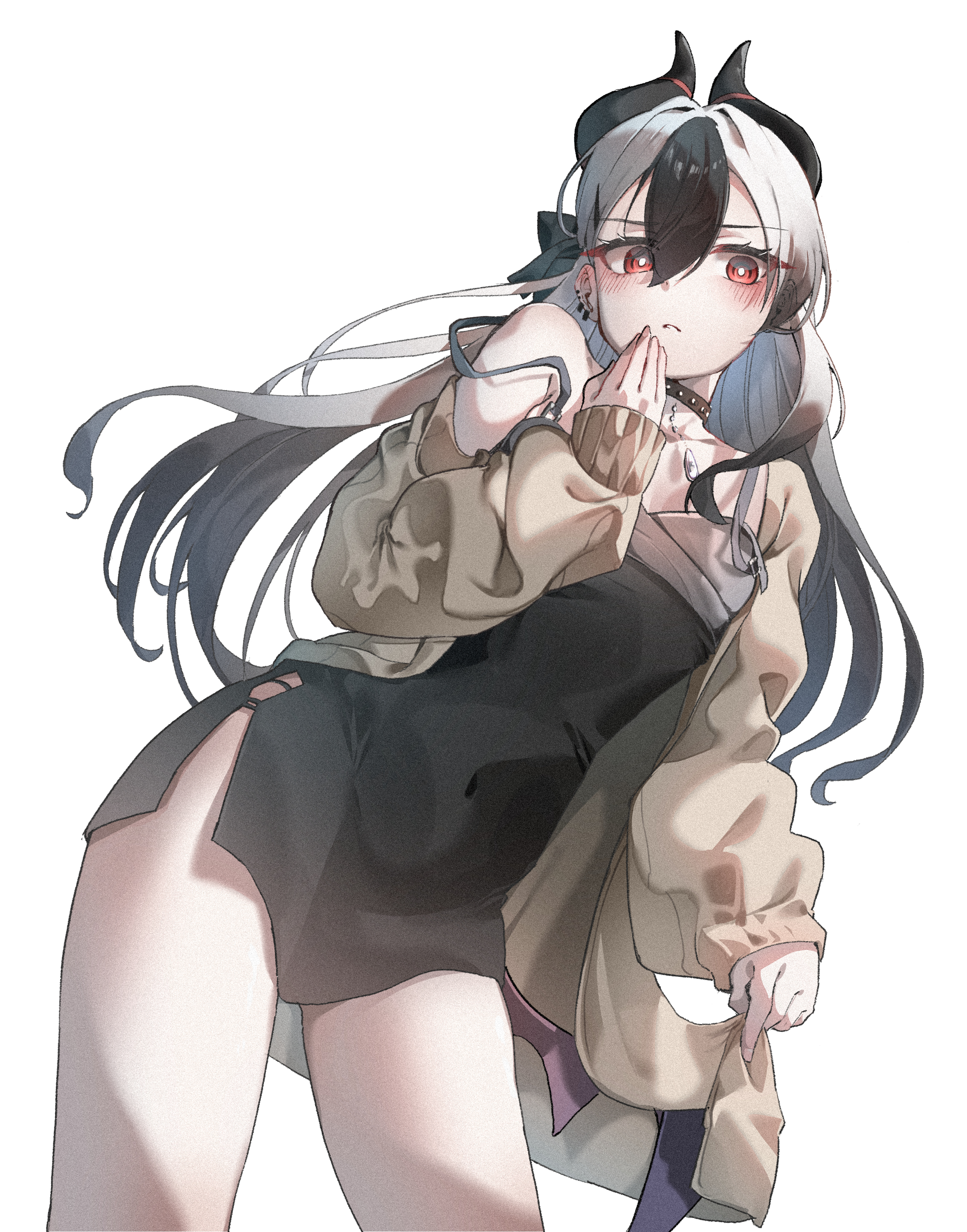 kayoko (blue archive), kayoko (dress) (blue archive), blue archive, absurdres, highres, 1girl, black choker, black dress, black horns, choker, dae ma (syxv3274), demon horns, diamond necklace, dress, ear piercing, grey jacket, halo, horns, jacket, long hair, looking at viewer, multicolored hair, no halo, official alternate costume, piercing, purple wings, single wing, solo, strap slip, studded choker, two-tone hair, white background, wings