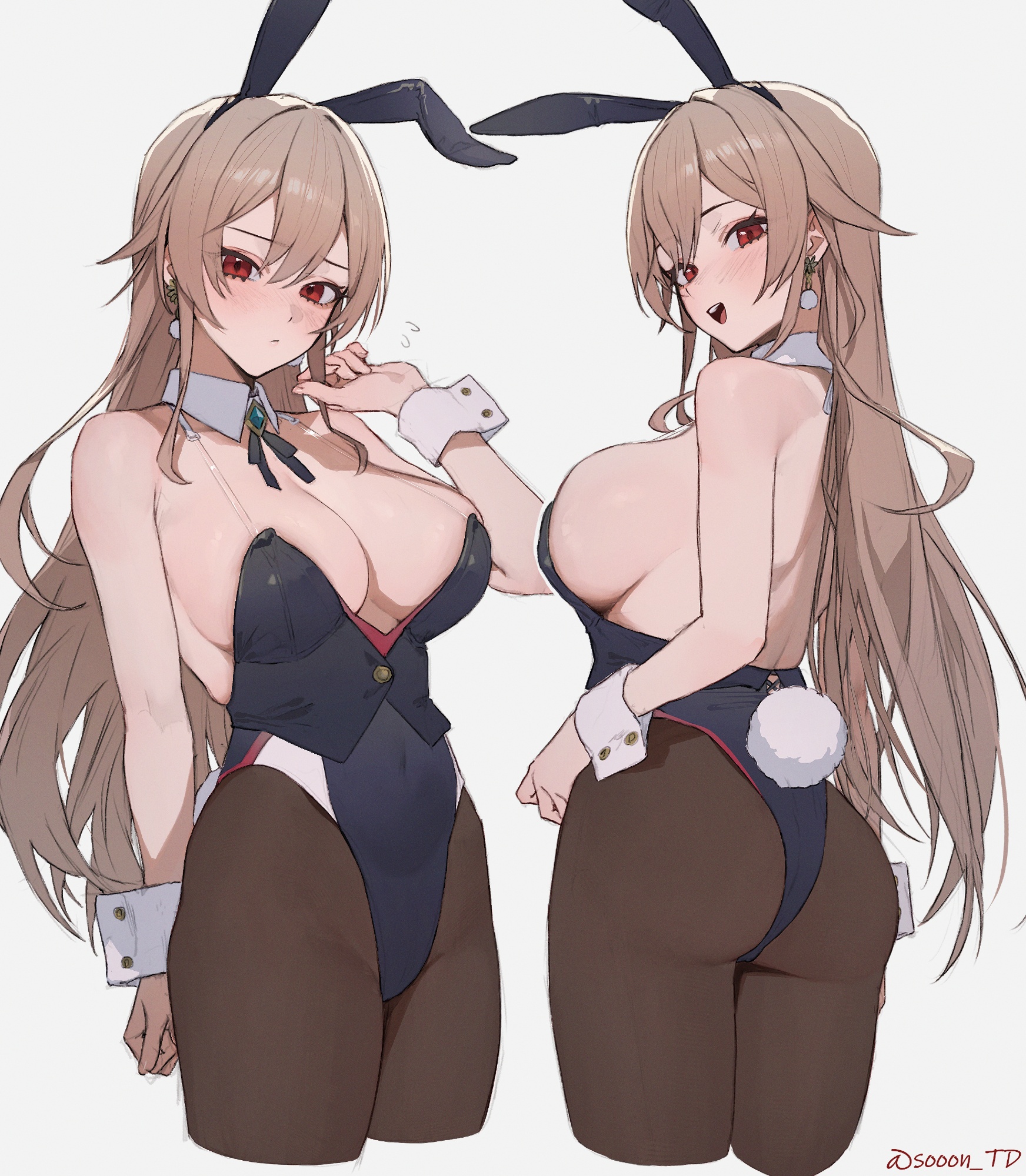 sooon, furen e lustario, nijisanji, highres, 1girl, animal ears, ass, bluesky username, blush, breasts, brown hair, cleavage, covered navel, cropped legs, detached collar, earrings, fake animal ears, fake tail, from behind, grey background, hair between eyes, highleg, highleg leotard, jewelry, large breasts, leotard, long hair, looking at viewer, pantyhose, playboy bunny, rabbit ears, rabbit tail, red eyes, sideboob, simple background, smile, solo, tail, twirling hair, very long hair, virtual youtuber, wrist cuffs
