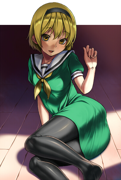 inuzuka bouru, houjou satoko, higurashi no naku koro ni, bad id, bad pixiv id, 00s, 1girl, arm support, black pantyhose, blonde hair, dress, female focus, hairband, neckerchief, no shoes, open mouth, pantyhose, sailor dress, short hair, short sleeves, sitting, solo, yellow eyes, yellow neckerchief