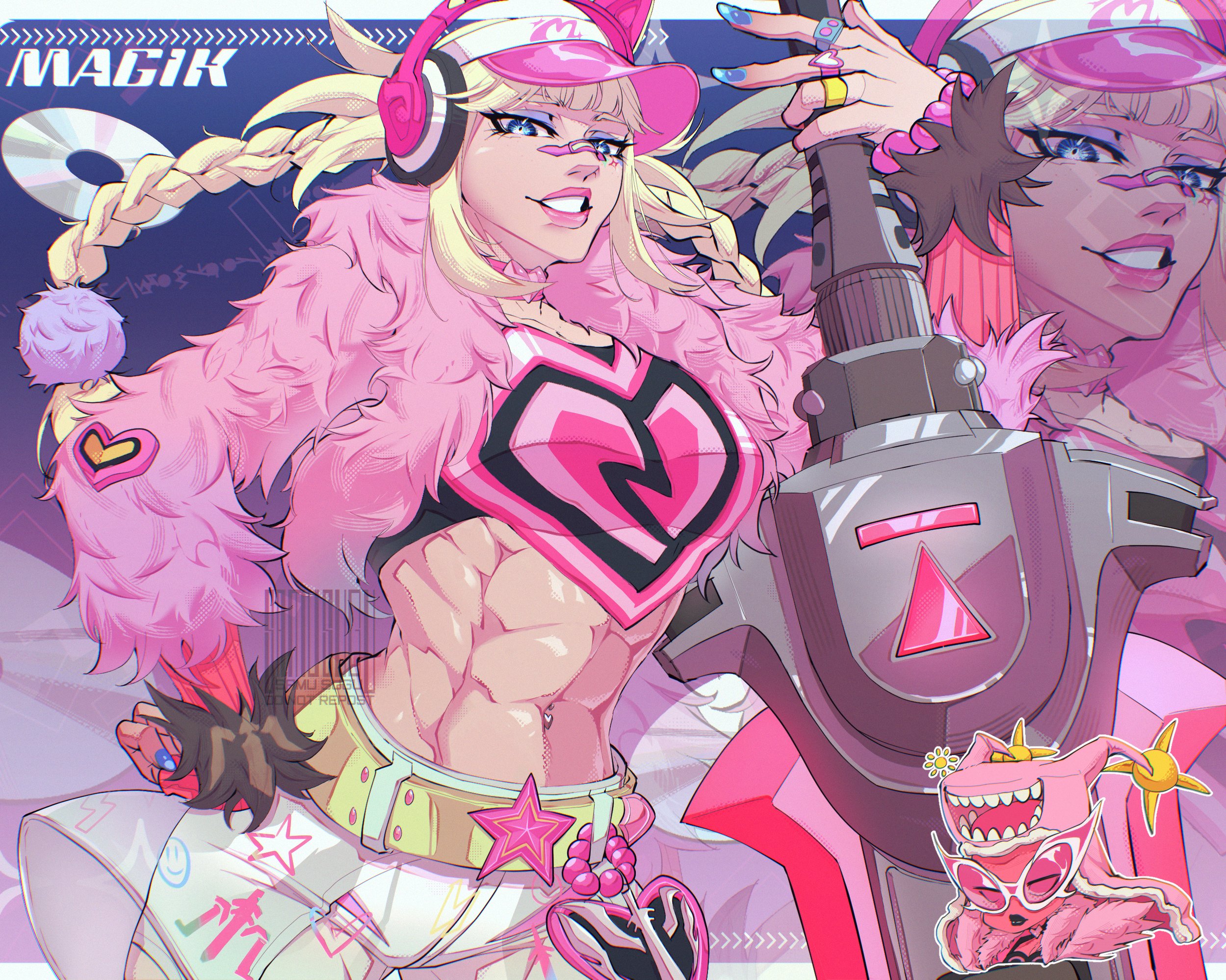 samu sugu, darkchylde, magik (new millenia might) (x-men), magik (x-men), marvel, marvel rivals, x-men, commentary, english commentary, highres, abs, bandaid, bandaid on face, bandaid on nose, blonde hair, blue eyes, blue eyeshadow, blue nails, border, braid, character logo, character name, choker, dual persona, eyeshadow, fur jacket, grin, headphones, heart, heart choker, holding, holding sword, holding weapon, jacket, jewelry, linea alba, looking at viewer, makeup, midriff, muscular, muscular female, navel, navel piercing, official alternate costume, piercing, pink choker, pink jacket, pink lips, ring, shorts, smile, solo, sword, twin braids, weapon, white border, white shorts, y2k fashion, zoom layer