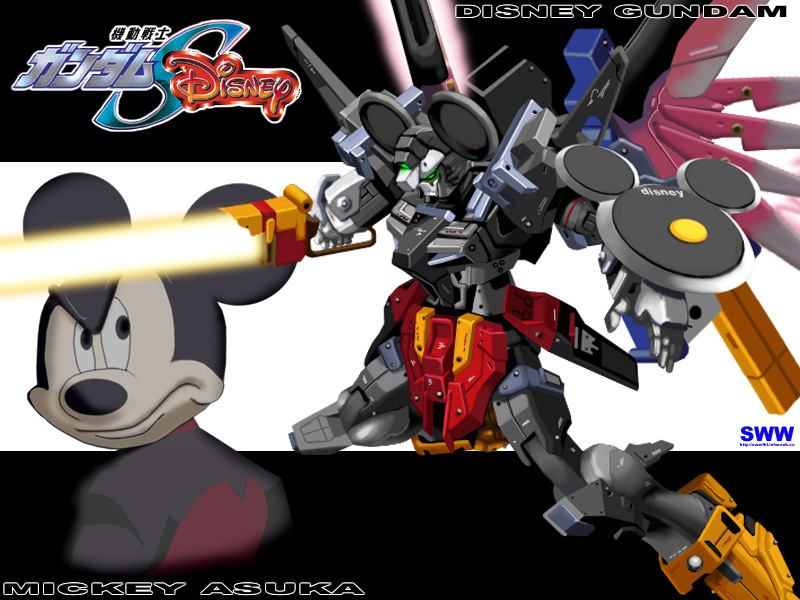destiny gundam, mickey mouse, disney, gundam, gundam seed, gundam seed destiny, mickey mouse & friends, crossover, mecha, parody, robot, shield, sword, weapon
