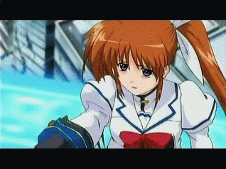 kuririn, subaru nakajima, takamachi nanoha, dragon ball, dragonball z, lyrical nanoha, mahou shoujo lyrical nanoha, mahou shoujo lyrical nanoha a's, animated, animated gif, lowres, 1boy, 2girls, cool your head, explosion, letterboxed, magical girl, multiple girls, parody, twintails, white devil